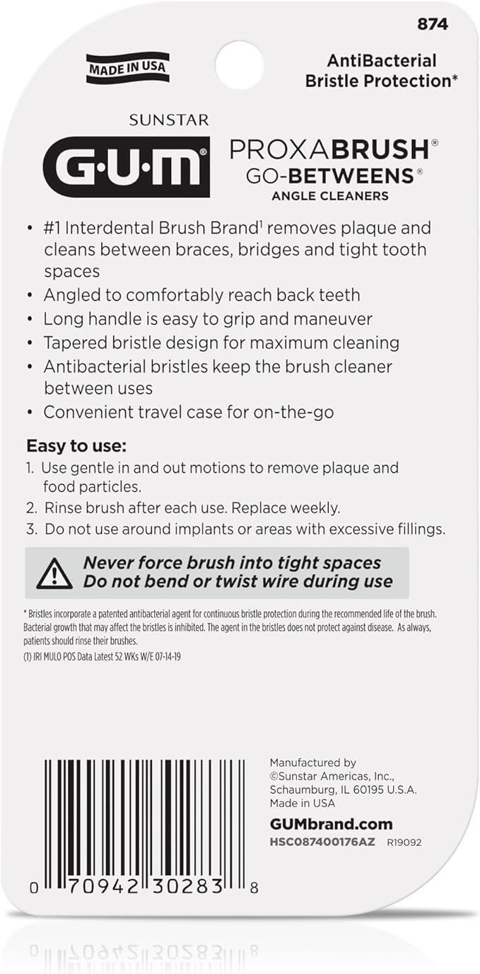 GUM Proxabrush Go-Betweens - Angled- Interdental Brushes - Soft Bristled Dental Picks for Plaque Removal Health - Safe for Braces & Dental Devices, 4 Count