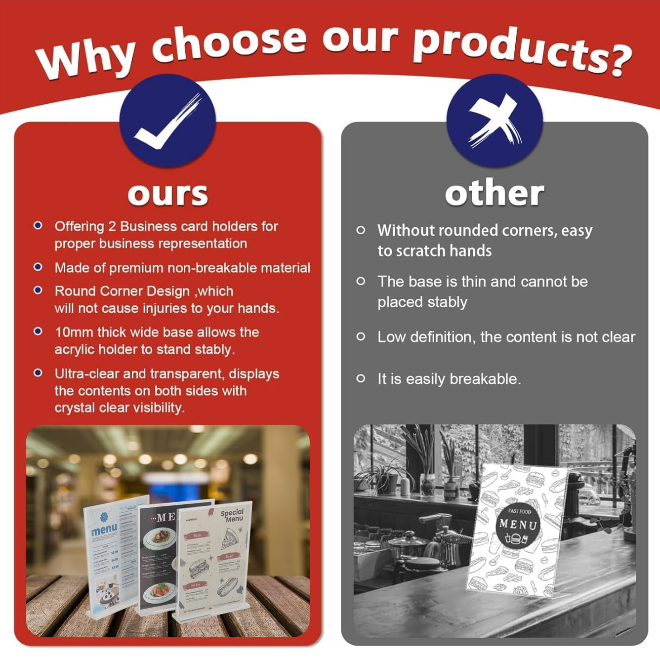 8.5x11 Acrylic Sign Holder with 2 Business Card Holder, 3 Pack Double Sided Clear Display Stand, Flyer Holder 8.5 x 11, Table Top Paper Holder, Vertical Menu Flyer Stand, Plastic Frame for Restaurants