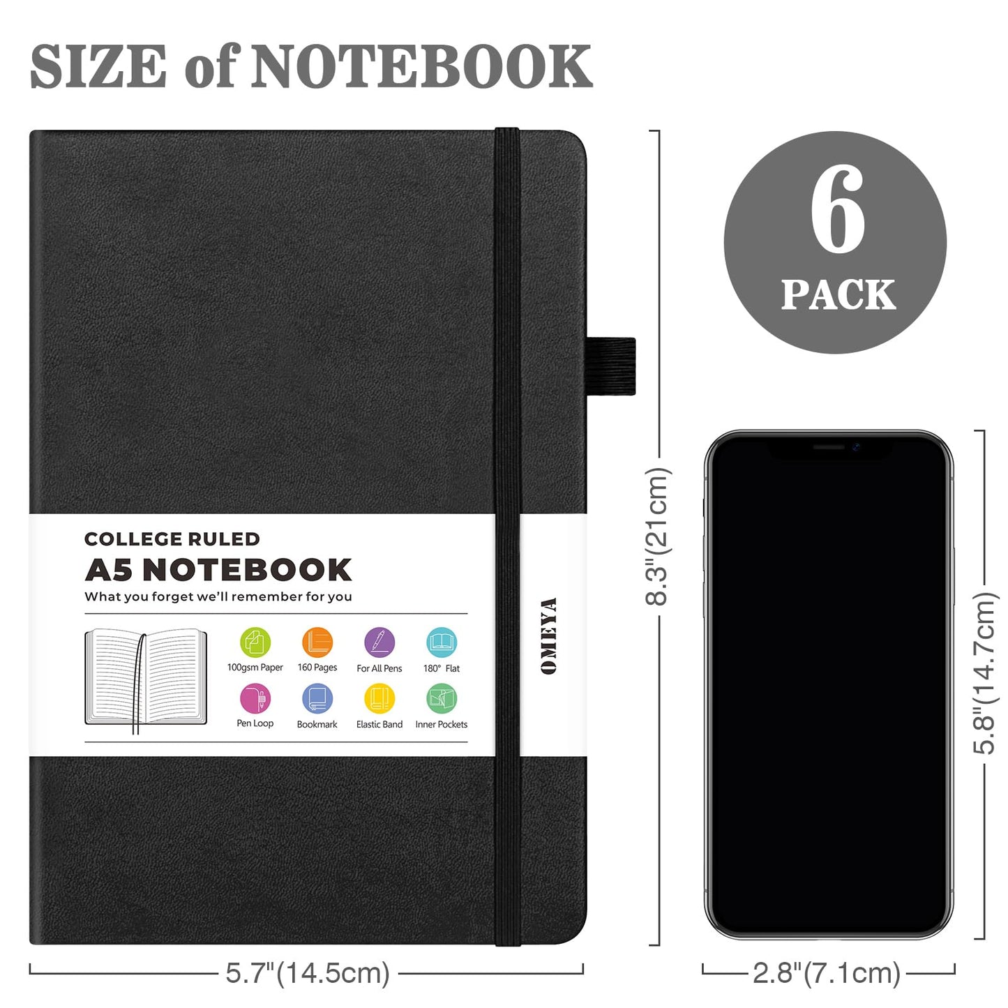 6 Pack Journal Notebooks for Work with 6 Pens, A5 Hardcover Notebook，Business Notebooks Bulk, College Ruled Notebook for Men, Leather Journal for Writing, 160 Pages, 100GSM Thick Paper (5.7" x 8.3")