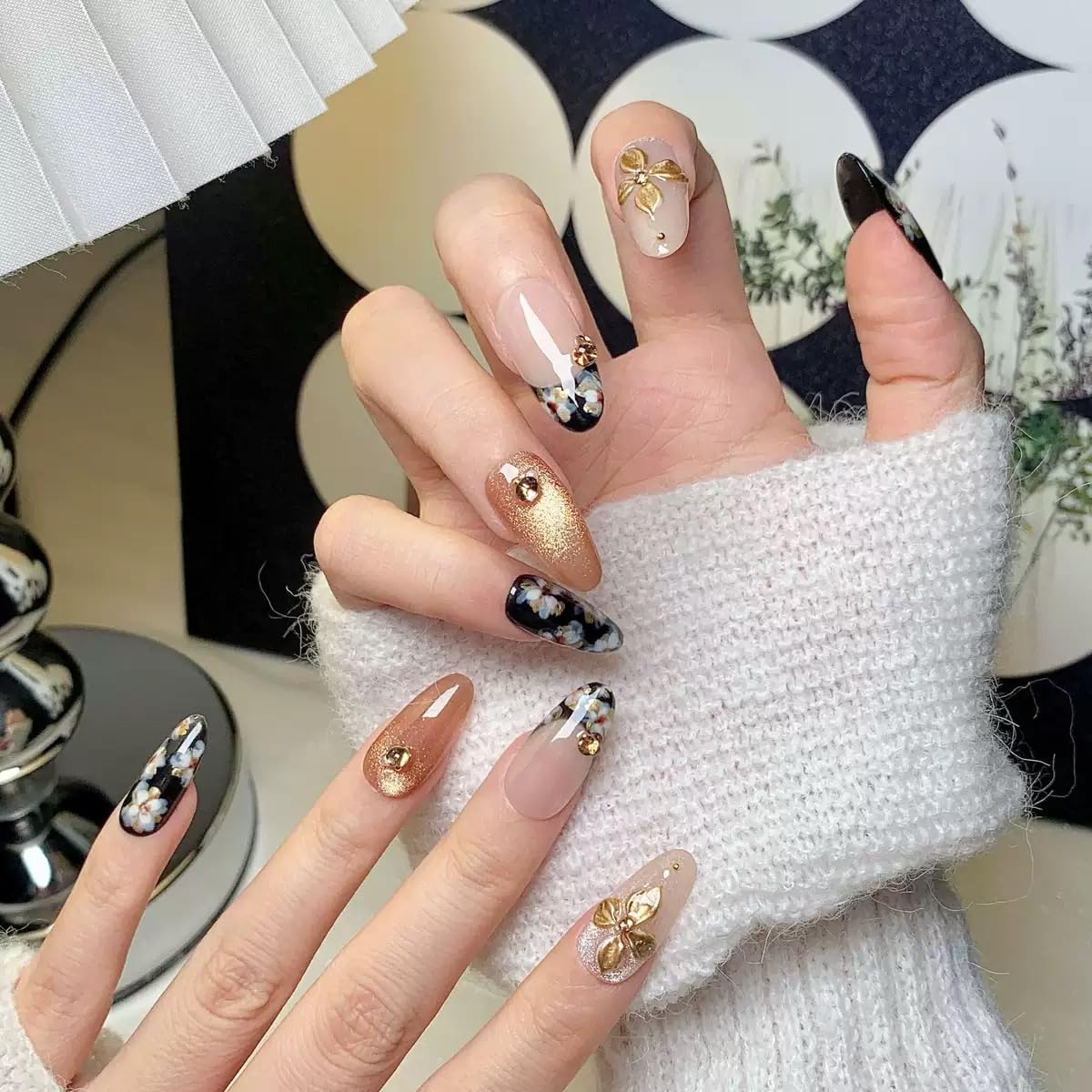Medium Press on Almond Nails - Handmade Fake Nails with Flower Design - Black, Gold, Glossy False Nails for Women (Size S)
