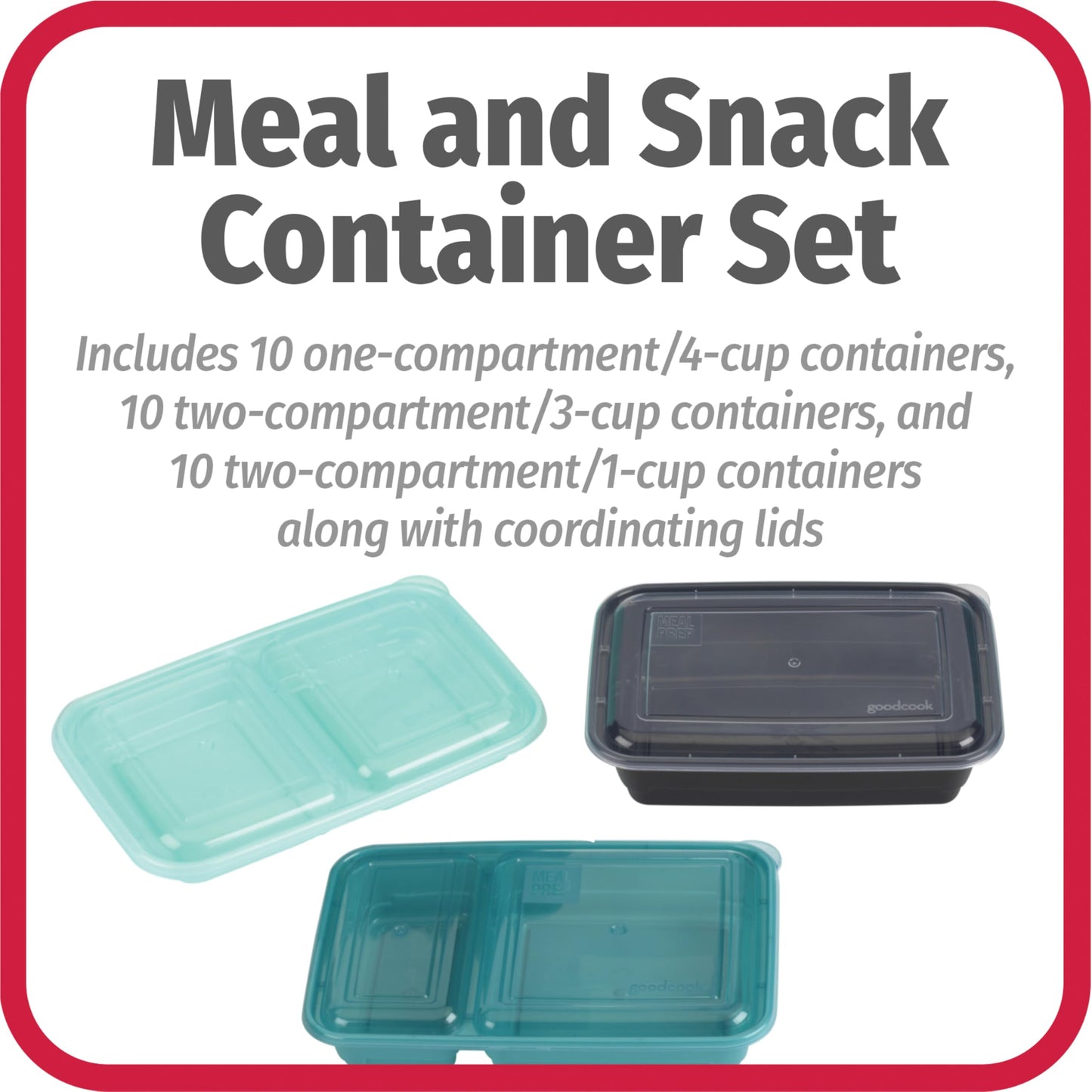 GoodCook Meal & Snack Prep Container Set, Includes Embossed Measurements & Color Coordinated Lids, Made Without BPA, 60-Piece Set