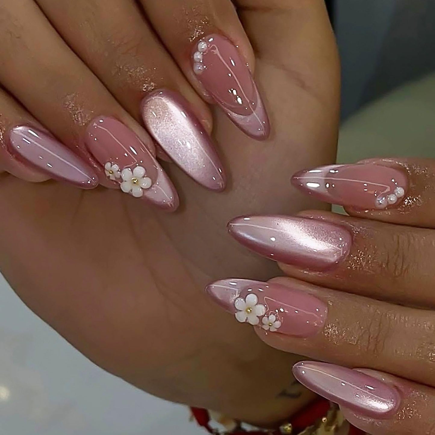 RUOKEXIN Almond Press on Nails French Tip Fake Nails Pink Cat Eye False Nails with 3D Flower Designs Medium Nail Press ons Sparkly Artificial Nails for Women 24Pcs