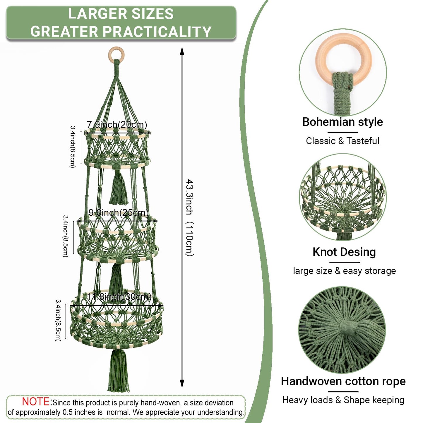 3 Tier Hanging Fruit Baskets for Kitchen, Macrame Plant Hanger Cotton Rope Handwoven Hammock Produce Storage Organizer Basket for Plants Holder, Vegetable, Onion, Potato (Green)