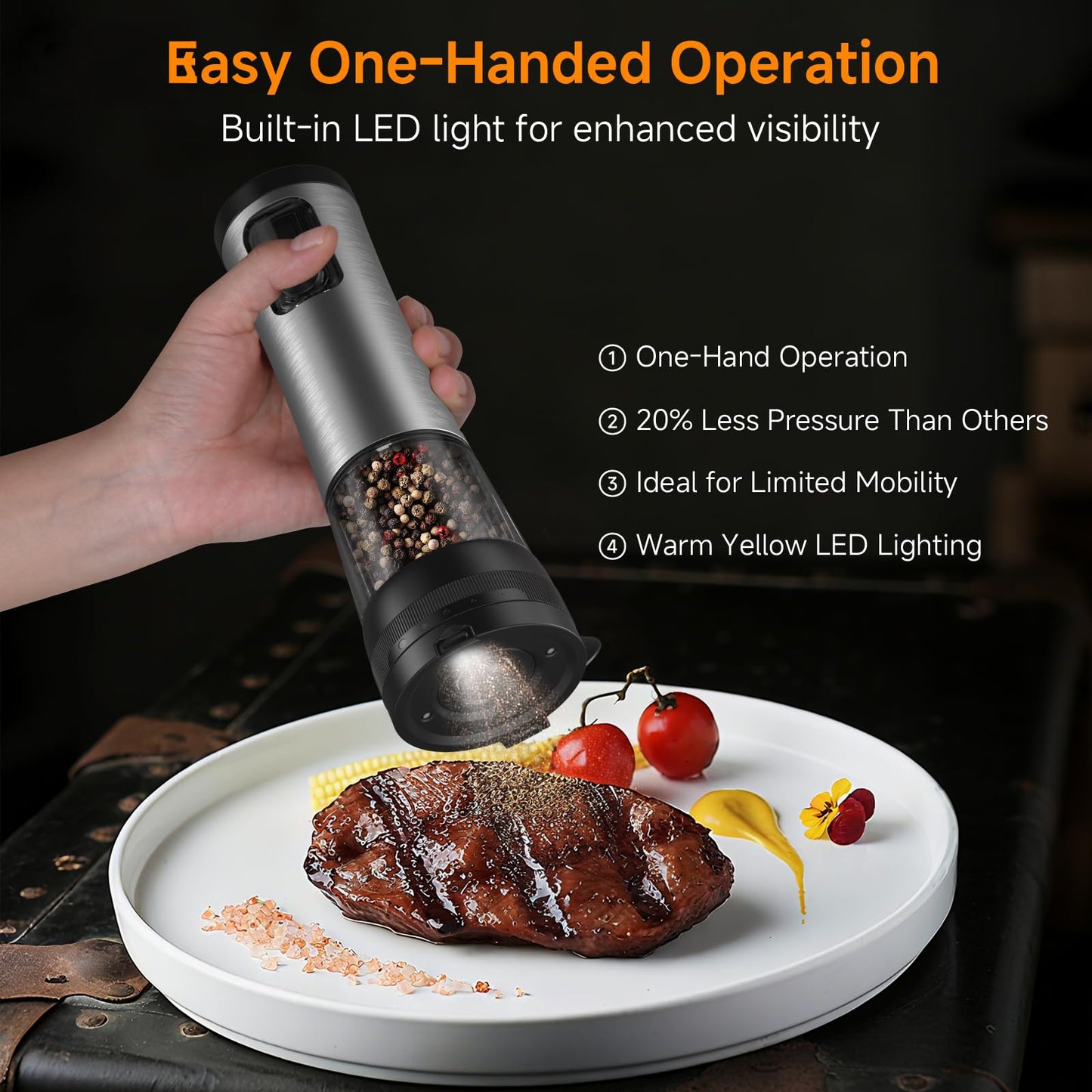 Electric Salt and Pepper Grinder Set,2 Pack Rechargeable Automatic Pepper Mill,with Charging Base,5 Level,Display,LED Lighting,Large Capacity,Kitchen Gift (2, Stainless steel, Charging Base)