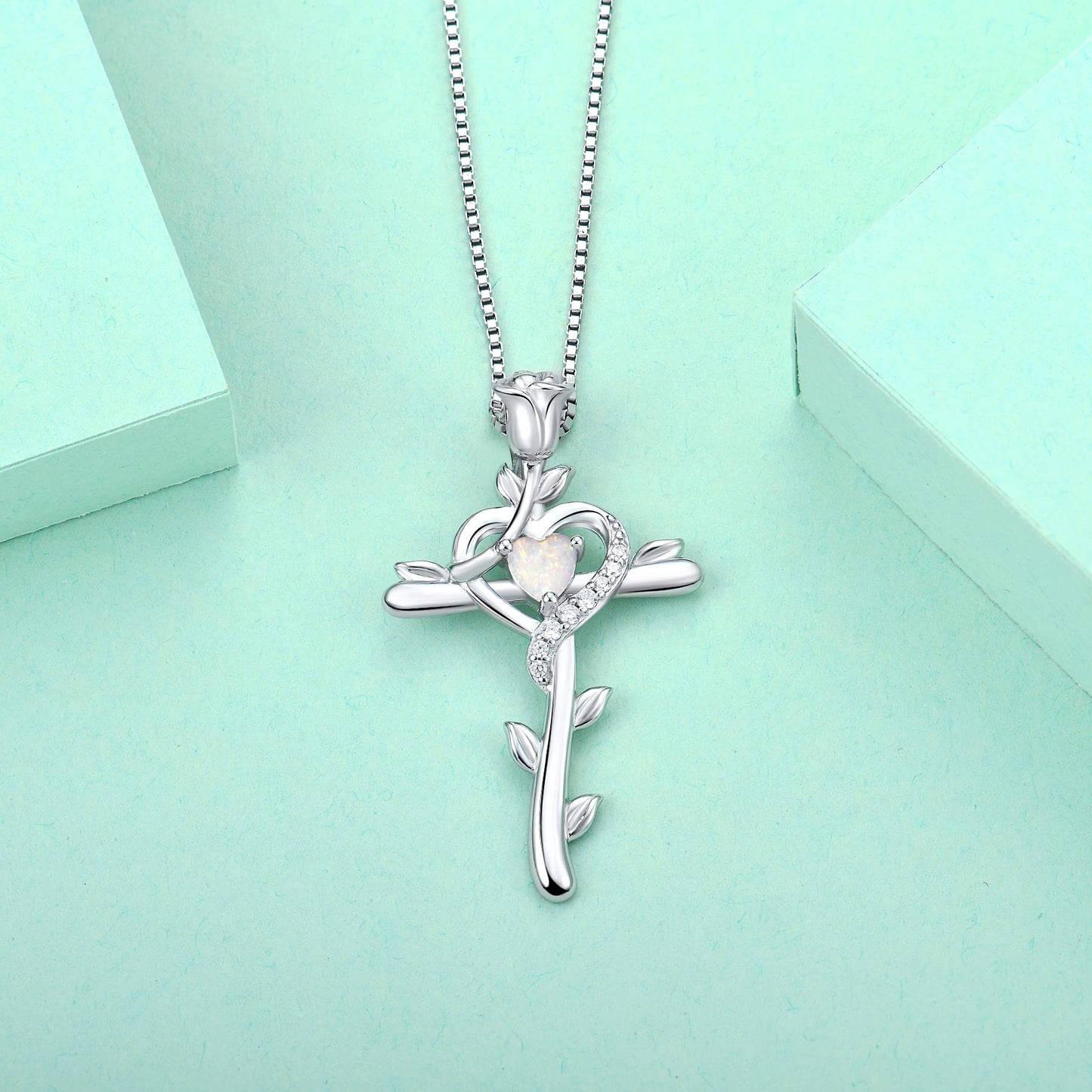 STARCHENIE Rose Cross Necklace, 925 Sterling Silver, Created Opal Heart Pendant, Crucifix Jewelry Gift for Women