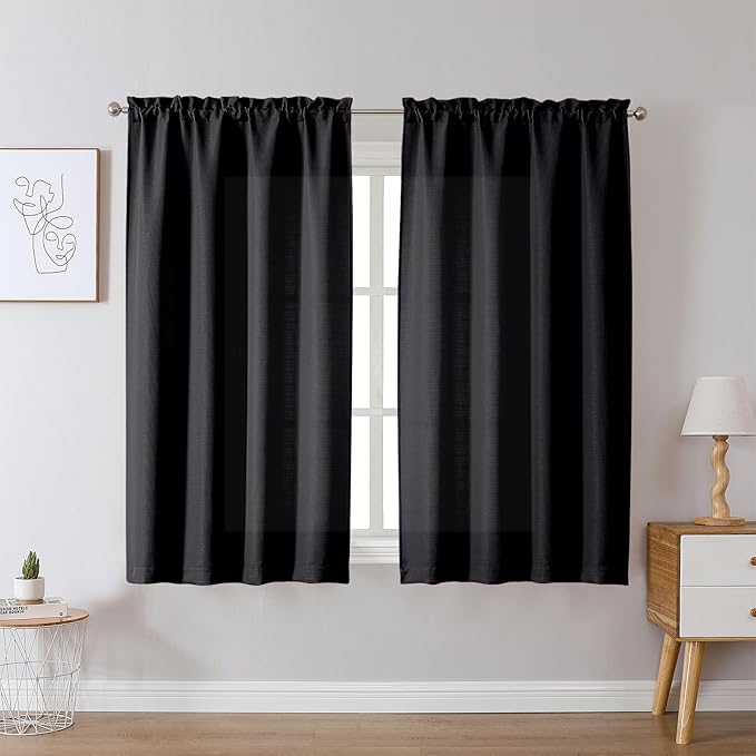 Chyhomenyc Black Curtains 54 Inch Length 2 Panels, Faux Linen Textured Semi Sheer Light Filtering Soft Airy Rod Pocket Window Treatment Drapes for Living Room Bedroom, Each 30" Wx54 L