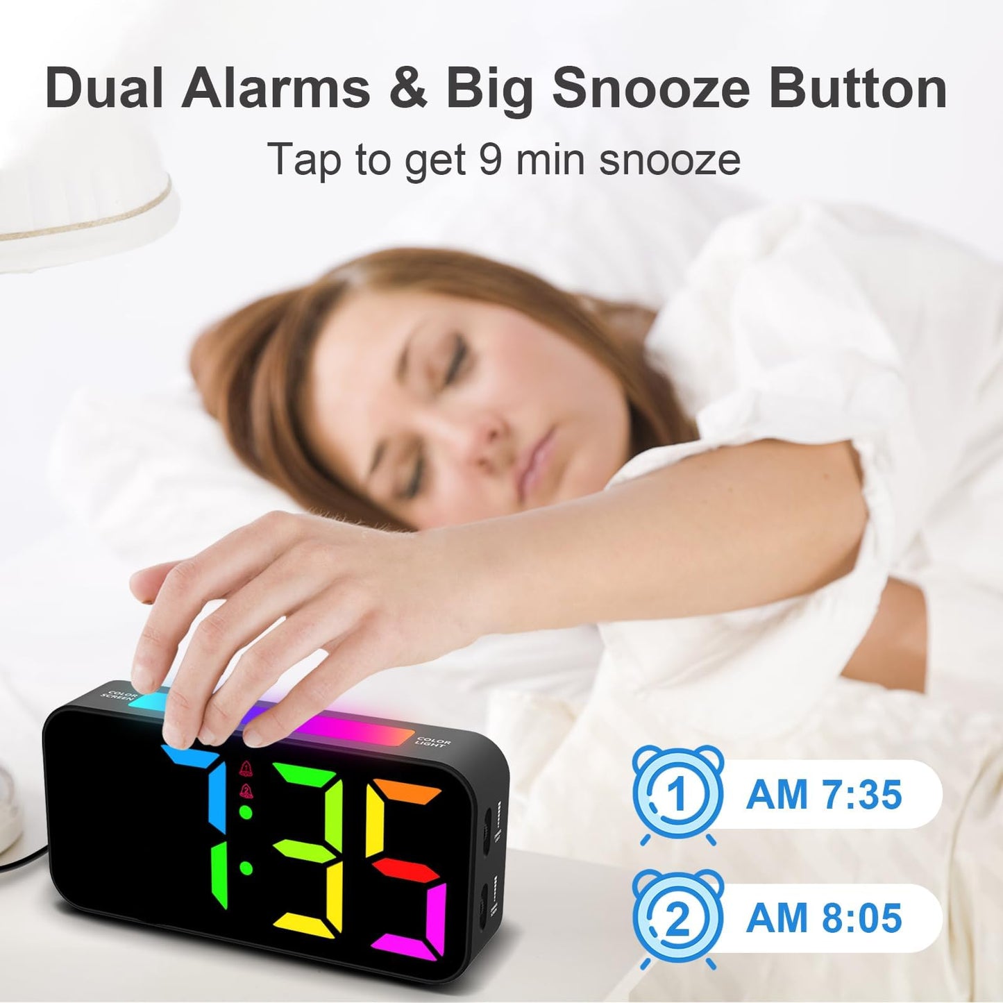 Topski Loud Alarm Clocks for Bedrooms Heavy Sleepers, Plug-in Digital Bedside Clock with RGB Night Light, Large Display, Dual Alarm, Snooze, Dimmable, 3 Volumes