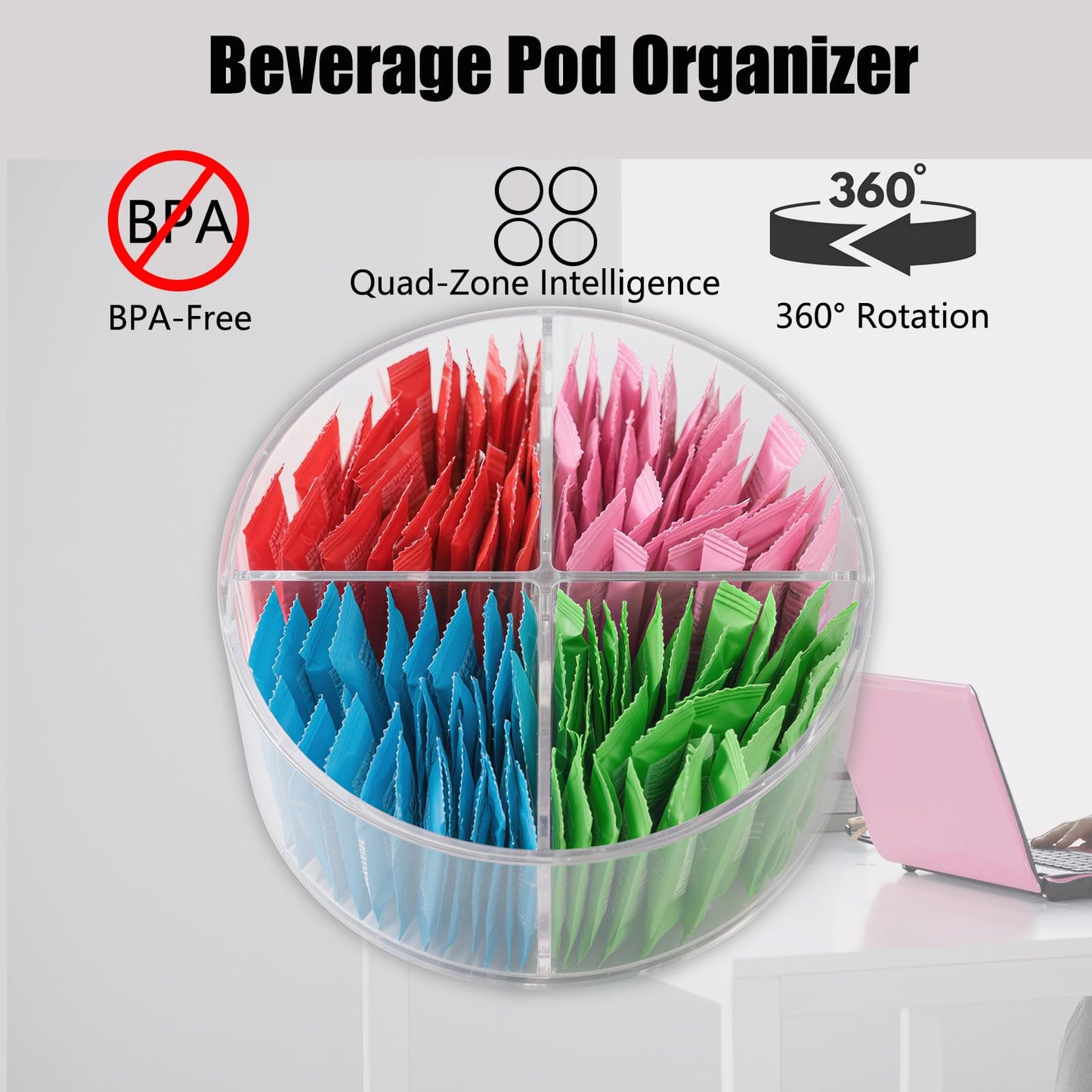 TIMVIEA 360° Spinning Drink Packet Organizer, Clear BPA-Free Plastic 4-Section Clear Storage for Coffee, Sugar & Drink Mixes | Stackable Kitchen & Pantry Container
