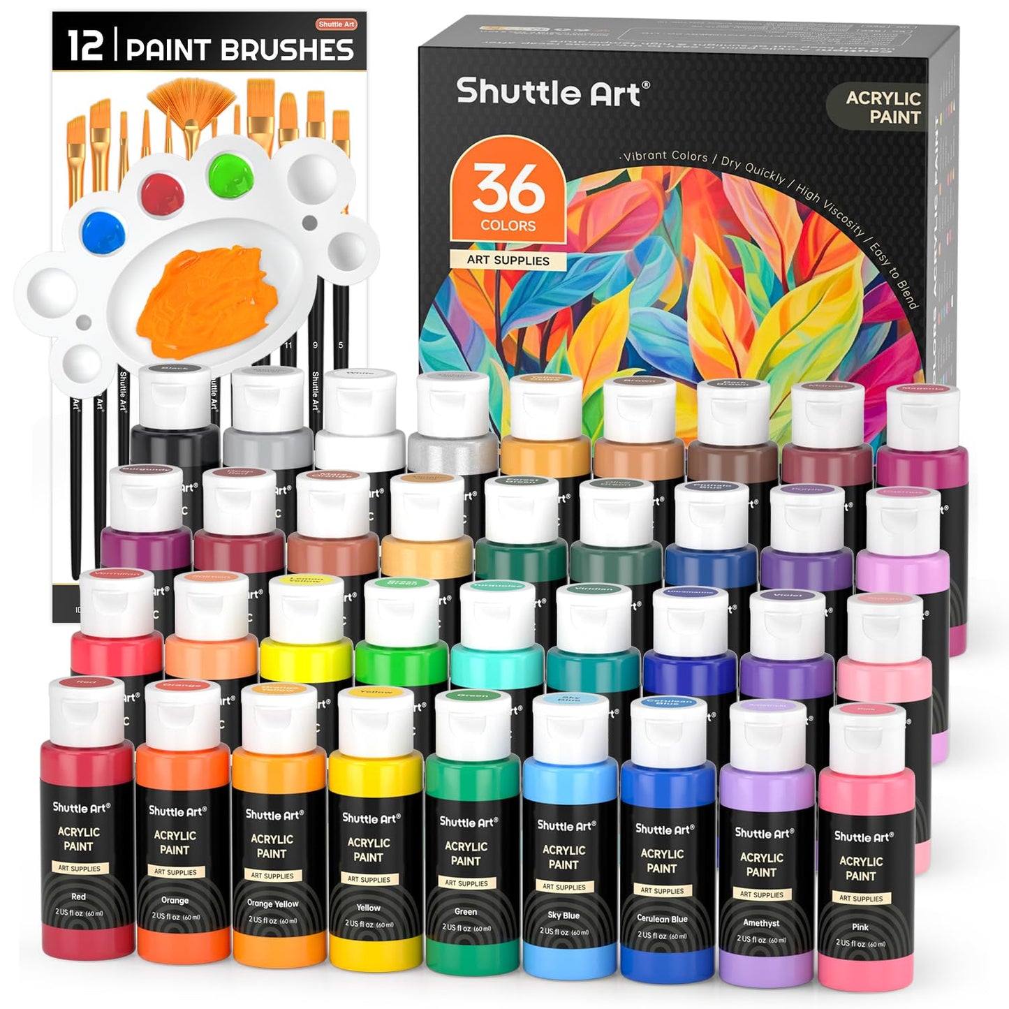 Shuttle Art Acrylic Paint, 36 Colors Acrylic Paint Set with Brushes & Palette, 2oz/60ml Bottles, Rich Pigments Non-toxic for Artists Kids & Adults, Painting on Canvas Rocks Ceramic Wood