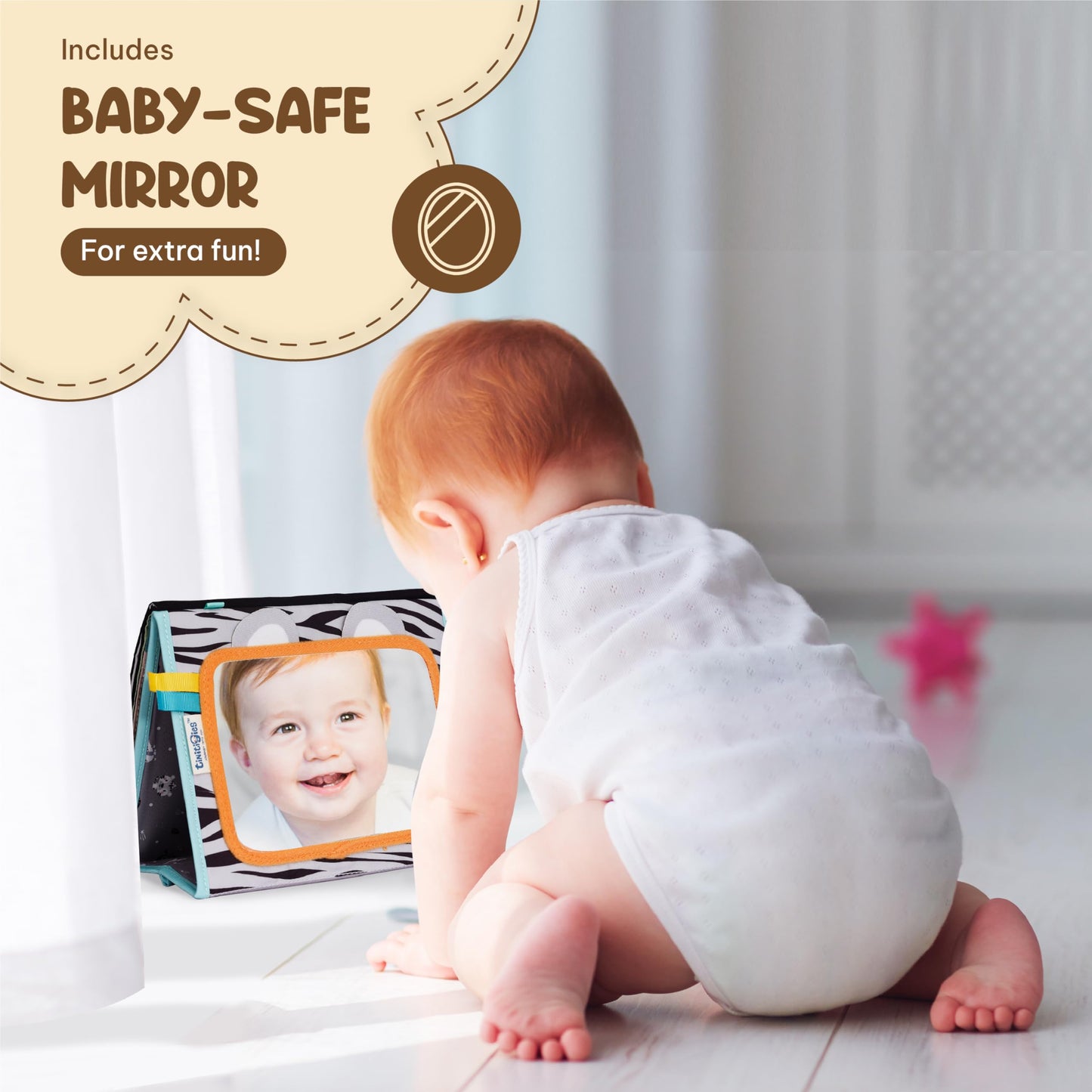 TINITIGIES Tummy Time Mirror for Babies - High Contrast Baby Mirror Book with Silicone Teether & Crinkle Pages - Tummy Time Toys for Babies 0 3 6 9 Months