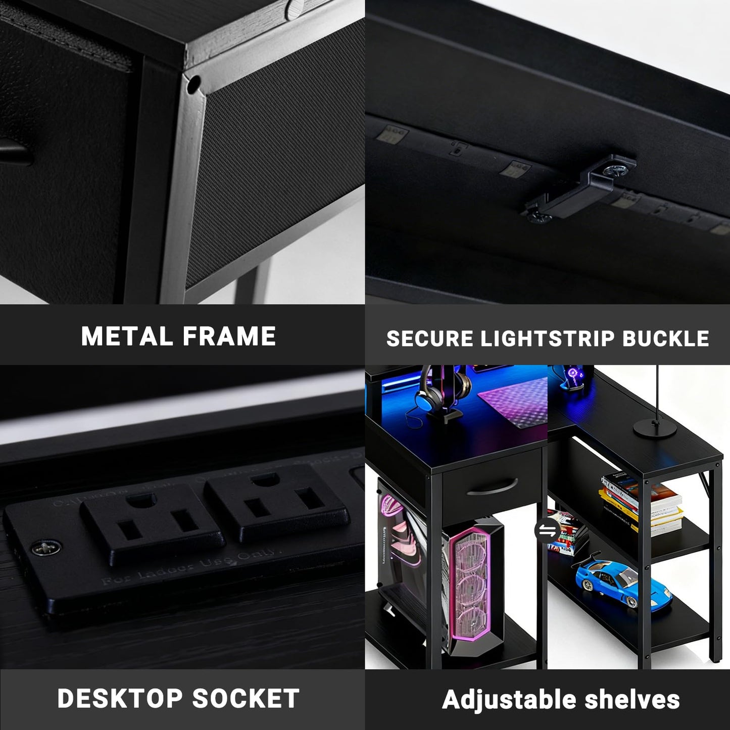 Simple Deluxe 47-inch L-Shaped Gaming Desk with LED Lights & Power Outlets, Reversible Corner Computer Desk with Monitor Riser, Drawer & Shelves, for Home Office, Black