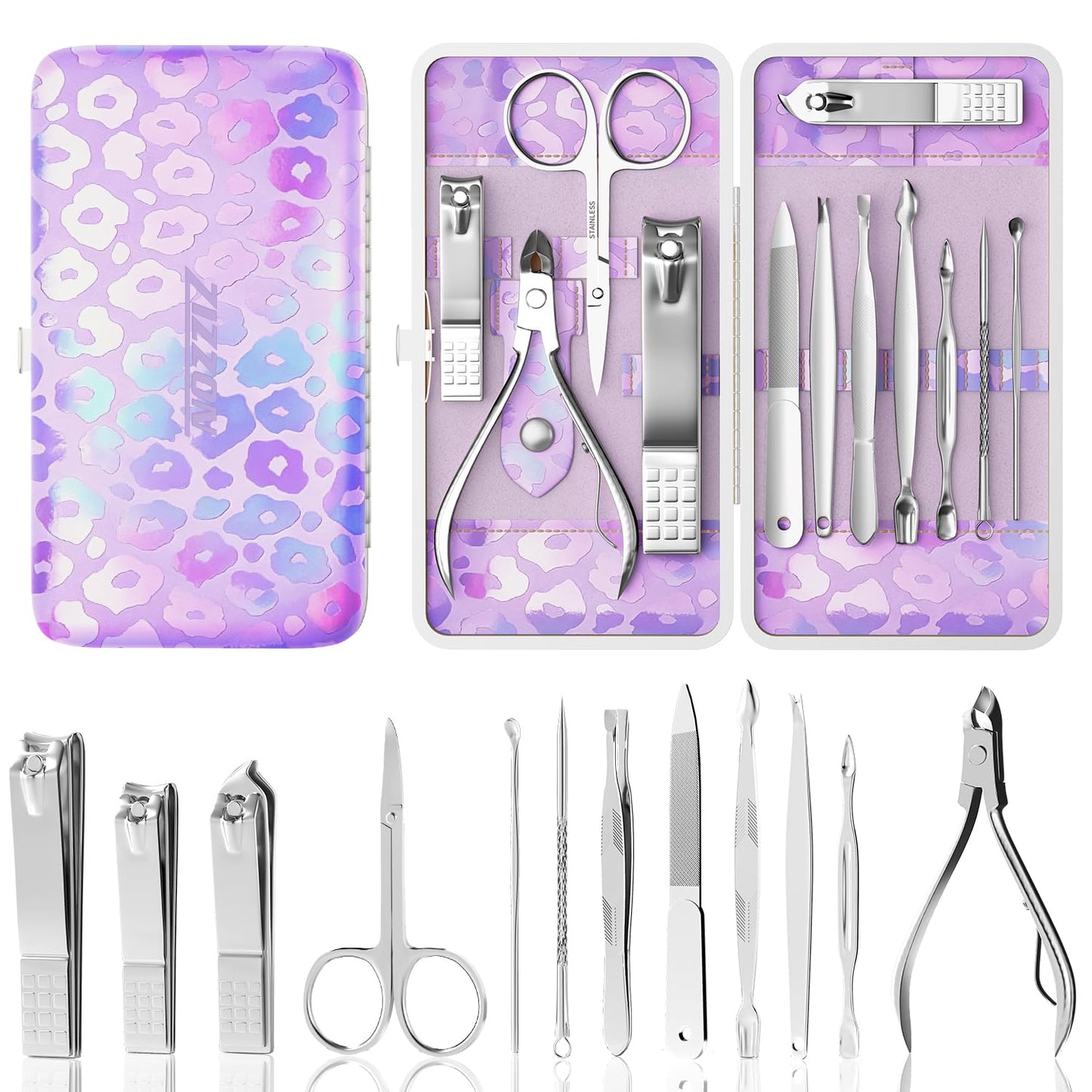 ZIZZON Nail Clippers Kit Manicure Pedicure Set with Holographic Case(Purple)