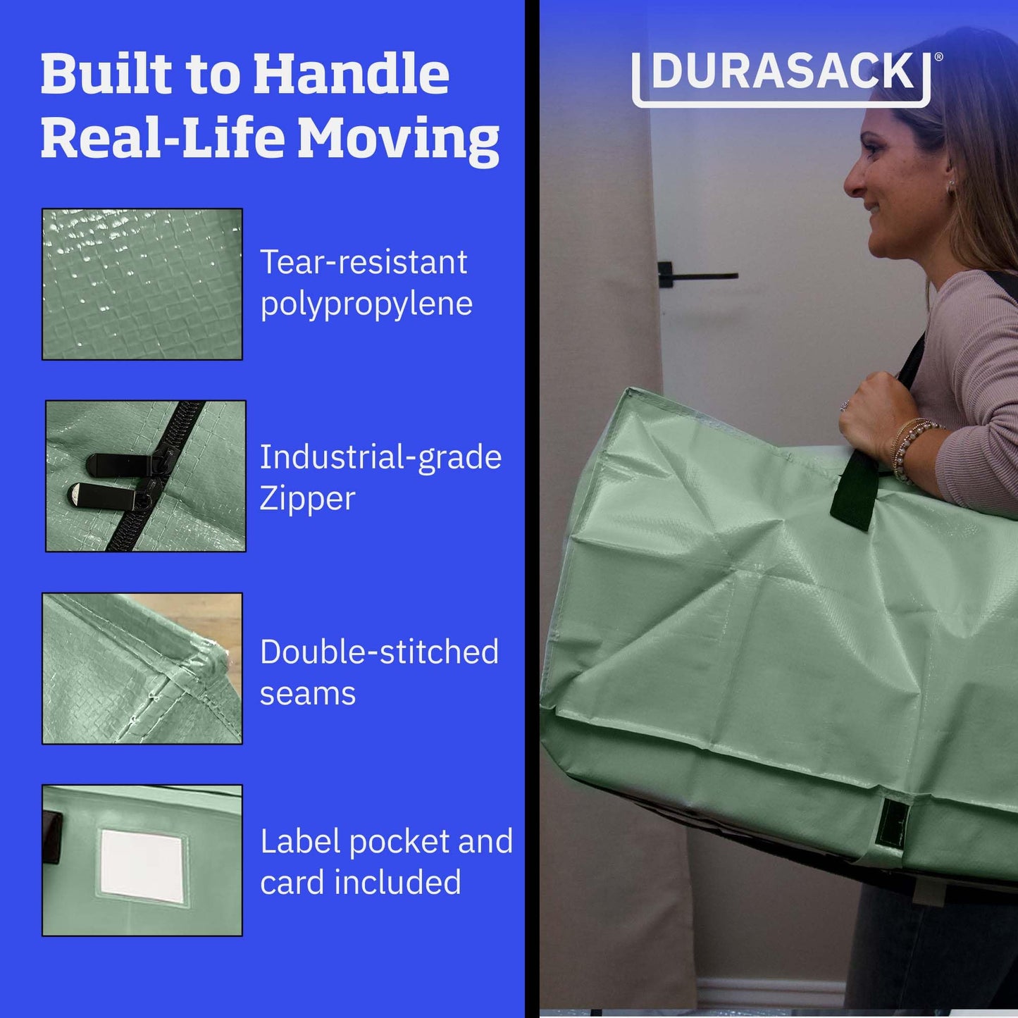 DURASACK Heavy Duty Moving Bag Storage Container Duffle Bag with Zipper, Reinforced Carry Straps and Backpack Straps, Made of Rugged Woven Polypropylene, Pack of 4, Sage