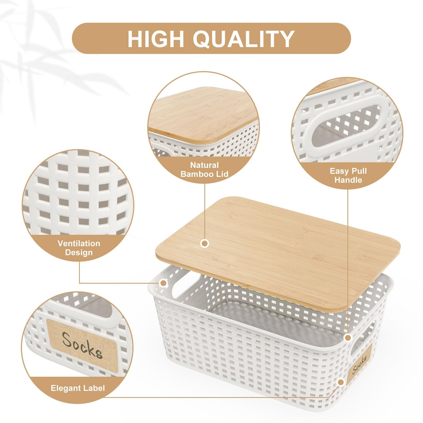6Pcs Storage Bins with Lids, Stackable Plastic Storage Basket with Bamboo Lid, Pantry Organizer Box Small Containers for Organizing Shelves Drawer Desktop Closet Cabinet Office Classroom 10x7.1x4.1in