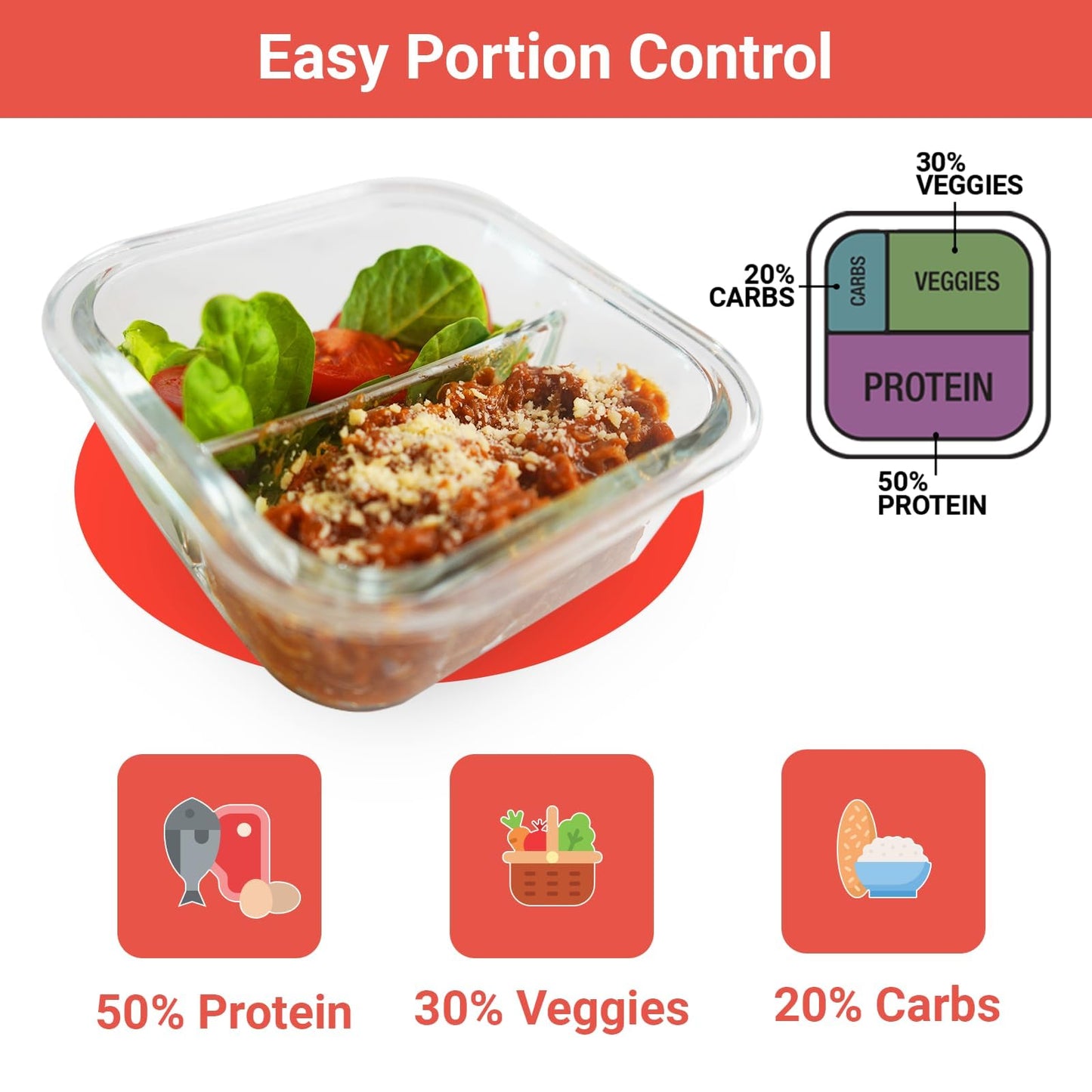 BariBowl Portion Control Containers for Bariatric Meals – 8 oz Glass Meal Prep Containers with Two 4 oz Compartments and Lids (3 Pack), Reusable Bento Lunch Boxes