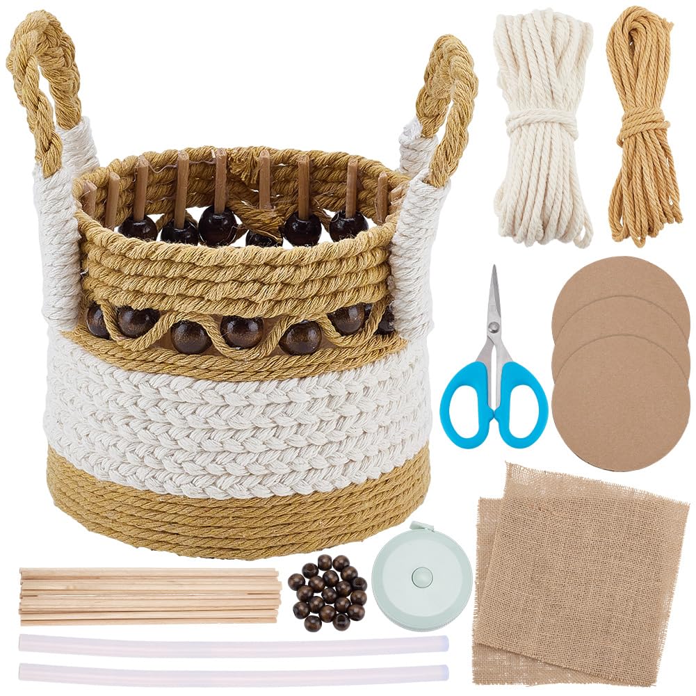 FREEBLOSS Macrame Woven Basket kit DIY Macrame Kit for Beginners with Instruction Wooden Beads Basket Weaving Craft Supplies Baskets Weaving Project for Holiday Activities