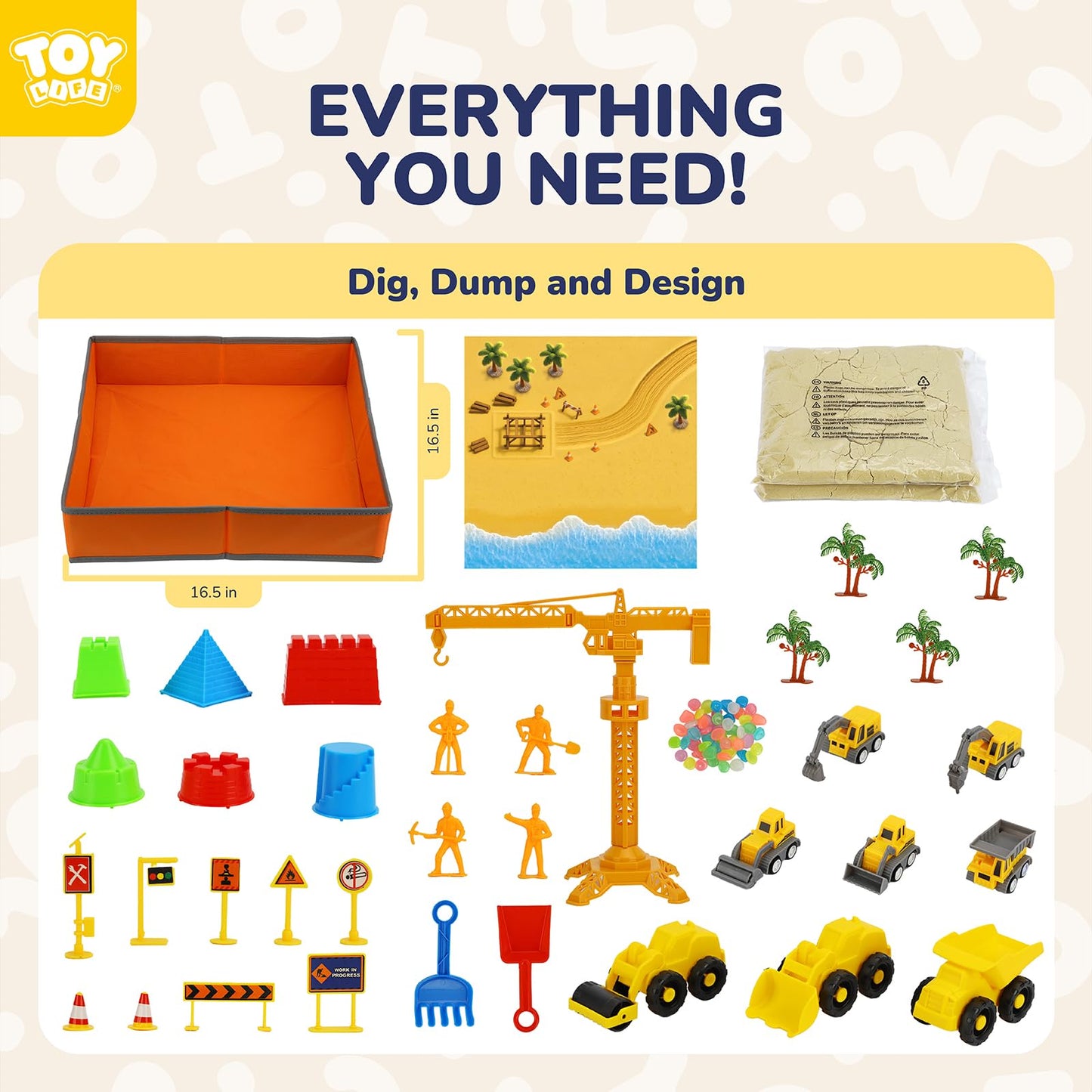 TOY Life 38 Pcs Sand Construction Kit with Big Foldable Sandbox with 2.2Ibs Magic Sand, Trucks, Castle Molds & Beach-Side Mat – Indoor Sandbox Toy Construction Sensory Bins for Toddlers