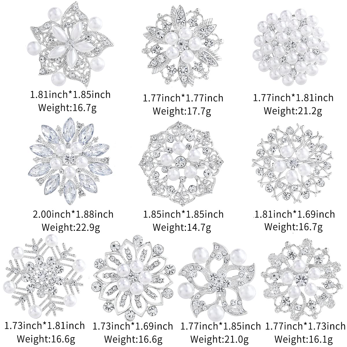 WeimanJewelry Silver/Gold/Rose Gold Plated Assorted Crystal Rhinestones Brooch Pins Set for DIY Wedding Bouquets Kit (Silver with pearls 10pcs)