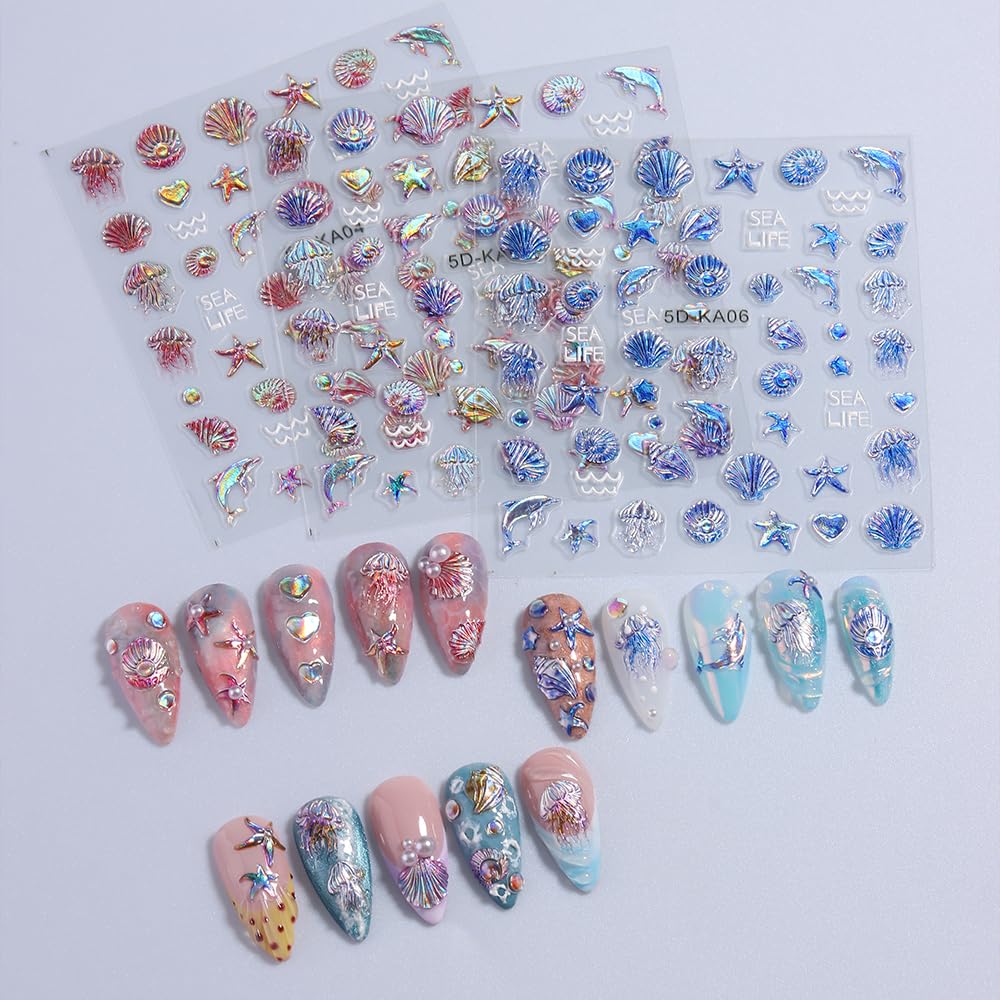 SIMAYKUWA 5D Nail Art Stickers - 3D Shell Octopus Relief Design with Shimmer Glitter for DIY Manicure, Ocean Theme False Nail Decorations A Set of 3 Sheets