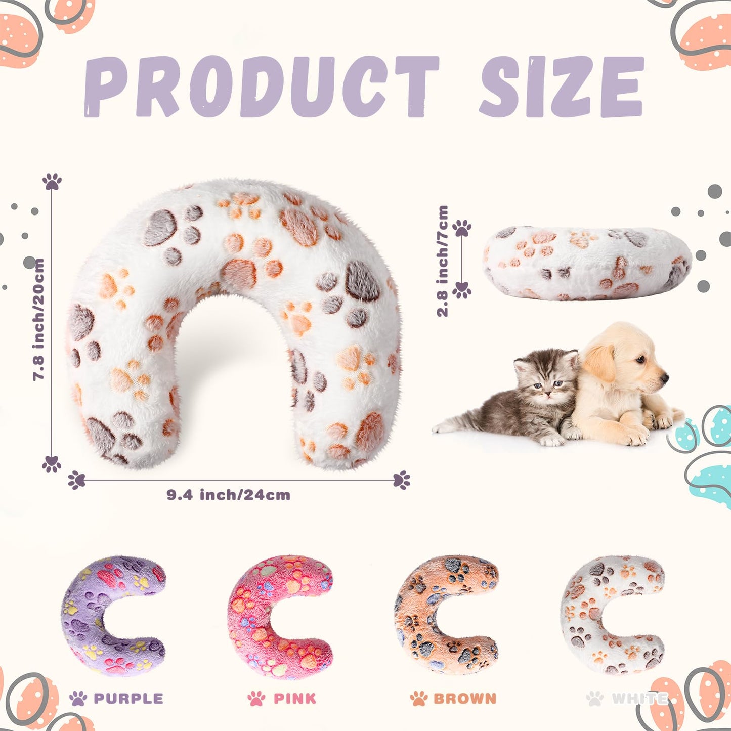 Sweetude 4 Pcs Pillows for Cats Puppy Bed Fluffy Pet Calming Soft Gifts Half Donut U Shaped Pet Neck Pillow Training Joint Relief Cervical Protection(Paw,Medium)