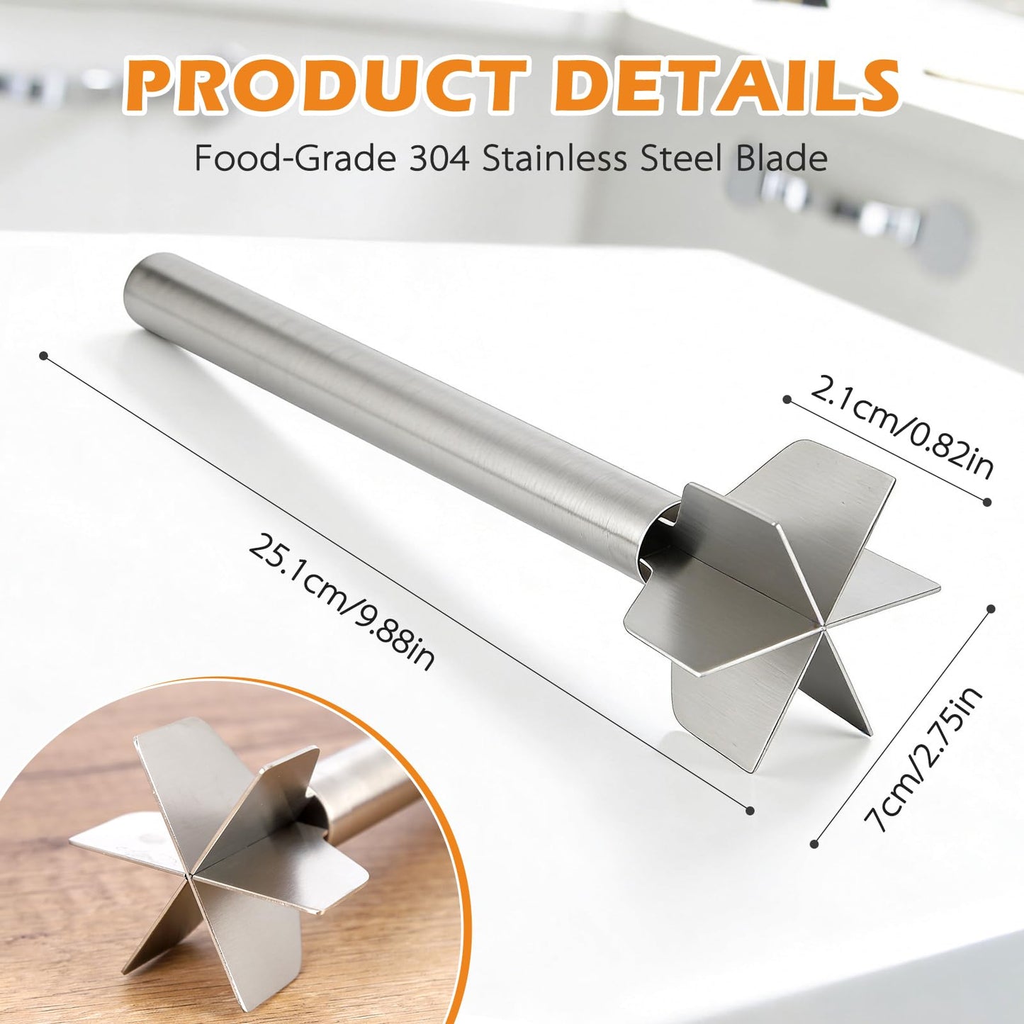 304 Stainless Steel Meat Chopper & Masher, Heavy Duty Food Grade 6-Blade Ground Beef Smasher, Metal Hamburger Chopper Tool, Meat Masher for Ground Beef