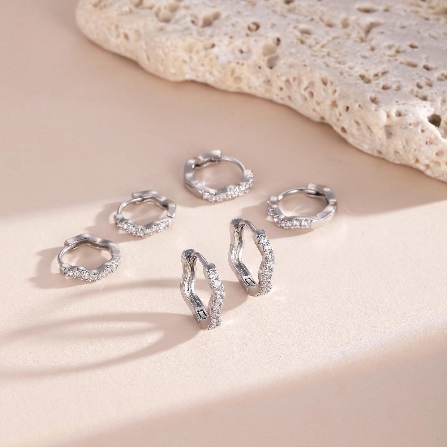 CAROVO 3 Pairs Silver Hoop Earrings for Women Trendy Dainty 14K Gold Plated Cubic Zirconia Wave Huggie Hoop Earrings Stack for Multiple Piercing Jewelry
