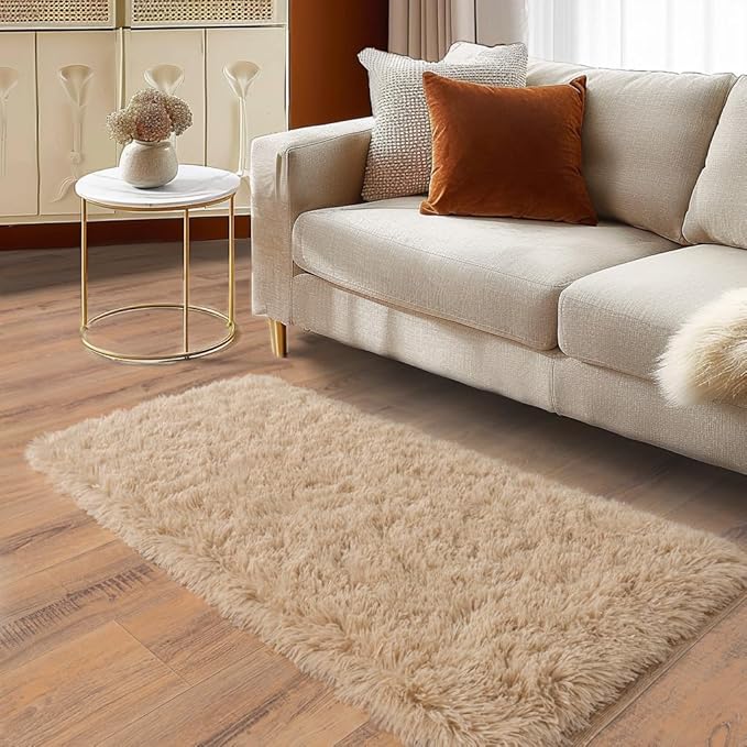 Soft Runner Rugs for Bedroom Hallways New Upgraded Non-Slip Bottom, 2 Packs 2x4 Beige Fluffy Shag Throw Area Rug for Bedside Dorm, Long Shaggy Furry Carpet for Nursery Living Room