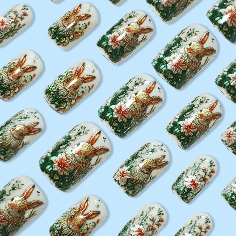 Easter Embossed Press on Nails Medium Square Fake Nails 3D Cute rabbit False Nails Forest Theme Rabbit Acrylic Stick on for Women Girls Easter Manicure Decoration 24Pcs