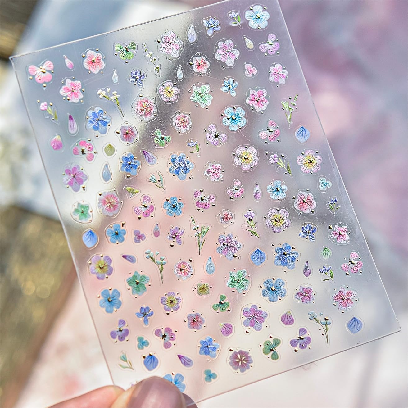 Phuryllic 3D Nail Stickers for Nail Art, Embossed Self-Adhesive Cute Nail Charms & Decals for DIY Nails, Easy-to-Apply Nail Design Supplies & Accessories for Home Manicure-Pink&Blue Flower