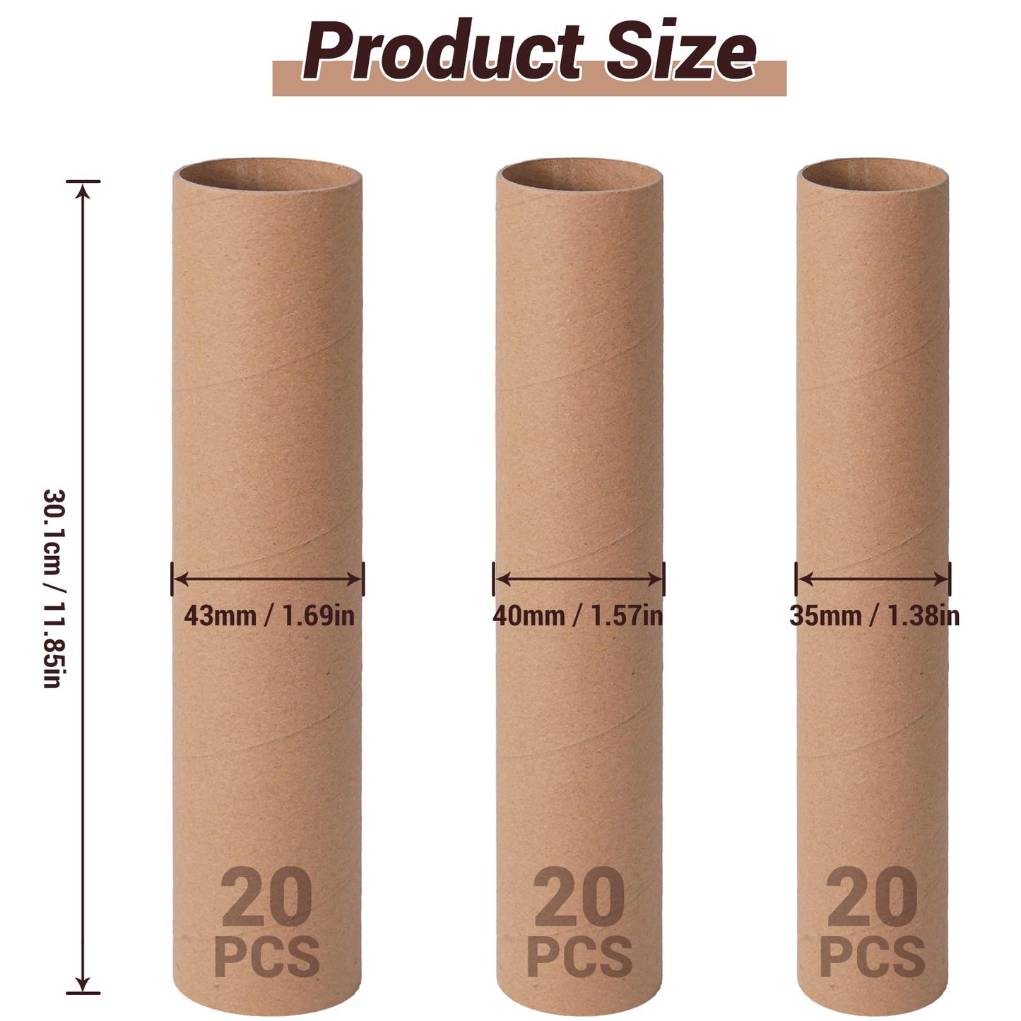 Czoynife 11.85" H 60Pack Brown Cardboard Tubes for Crafts, Bulk Paper Rolls for Kids DIY, Classroom Art Supplies, Holiday Decor