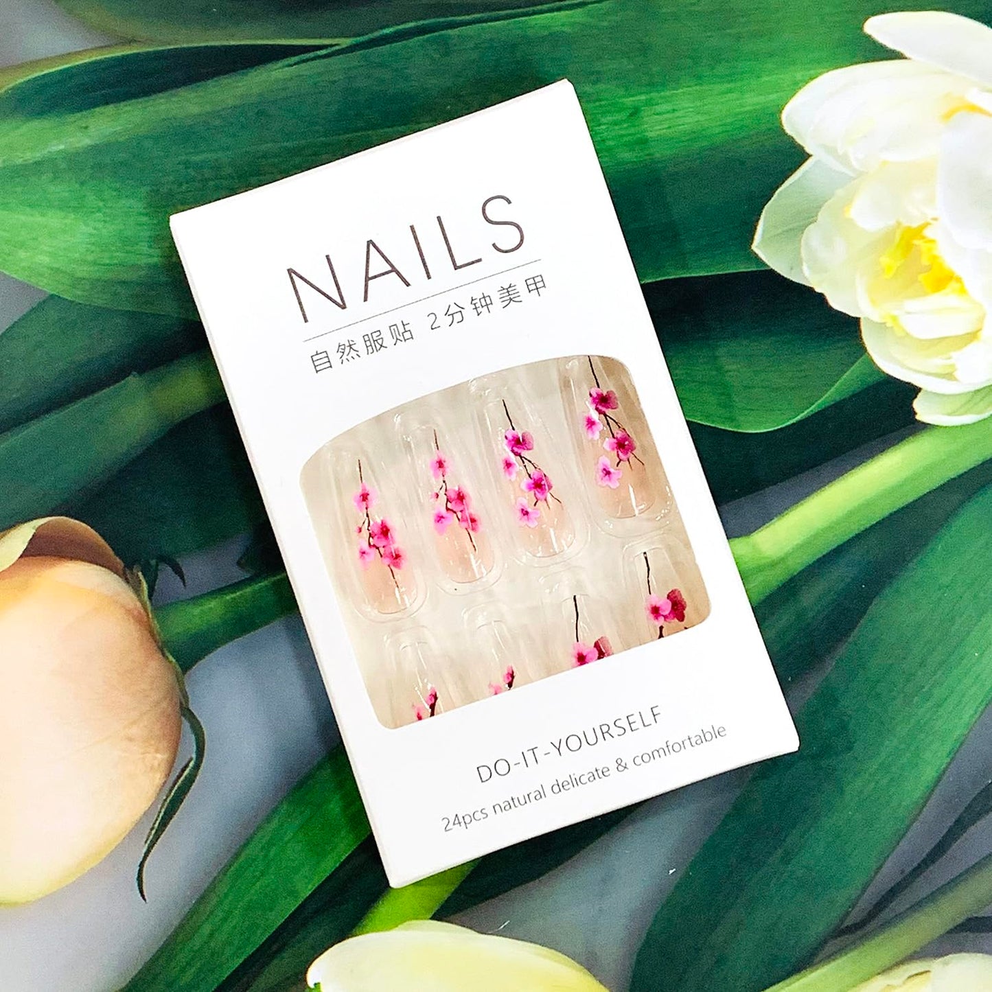 EYZOTSF Press on Nails Medium Square Shaped Acrylic Medium Square Shaped False Nails with Designs Artificial Short Coffin Fake Nails with Charms Glue ons Fingernails for Women Girls(XA11460)