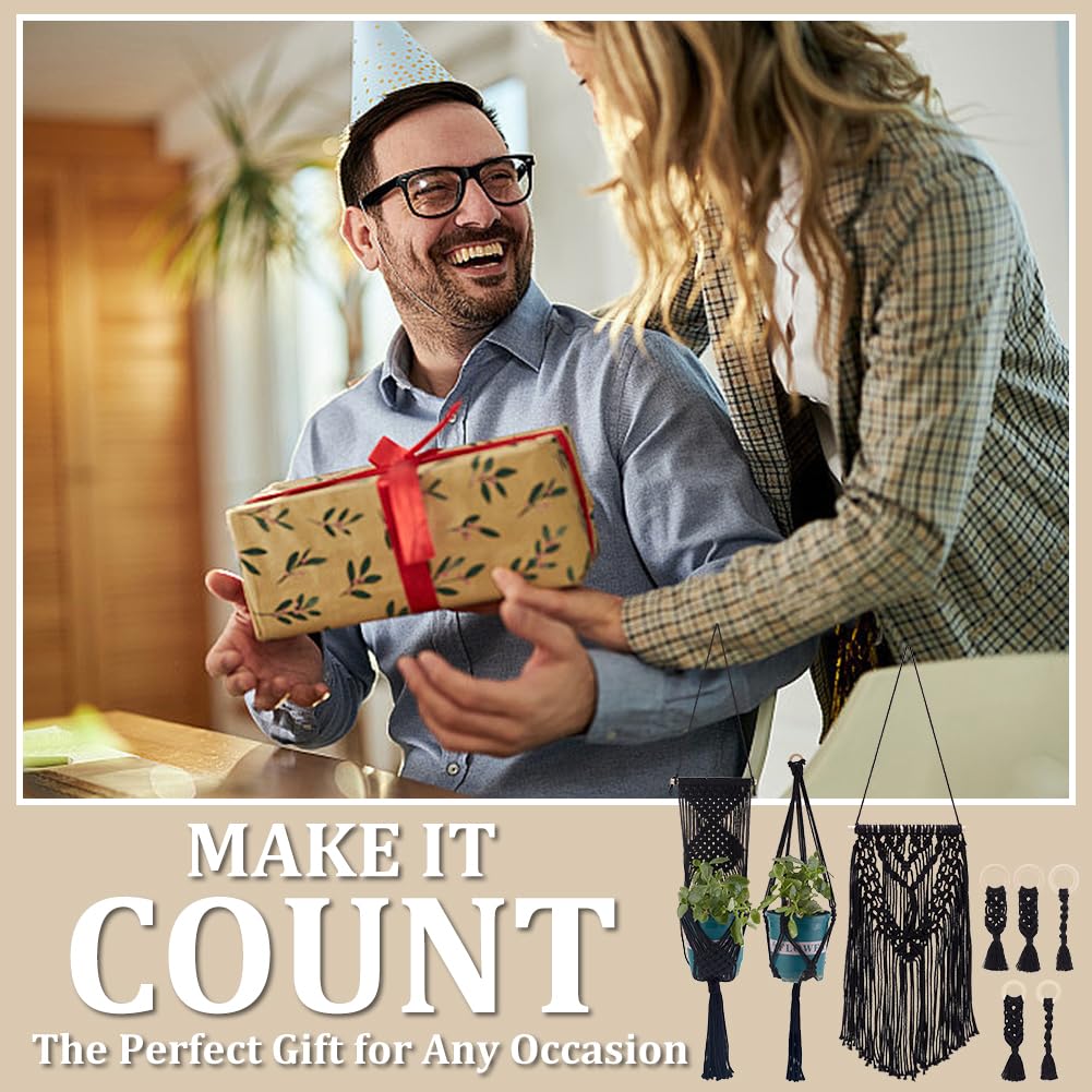 IFNUNLY 8 Set Black DIY Macrame Kit for Beginners - Starter Kit with Wall Hanging, Plant Hanger, Keychain & Instructions