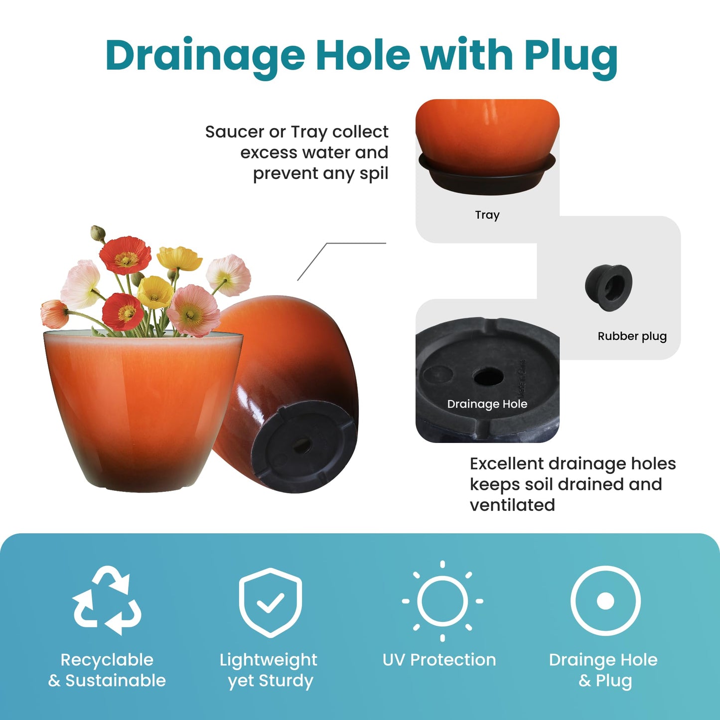 Vanslogreenk 8 inch Plant Pots Indoor Modern Glaze Planters with Drainage Holes, Garden Flower Pots Planter for Aloe, Herbs, Cactus (Orange, 2pcs)