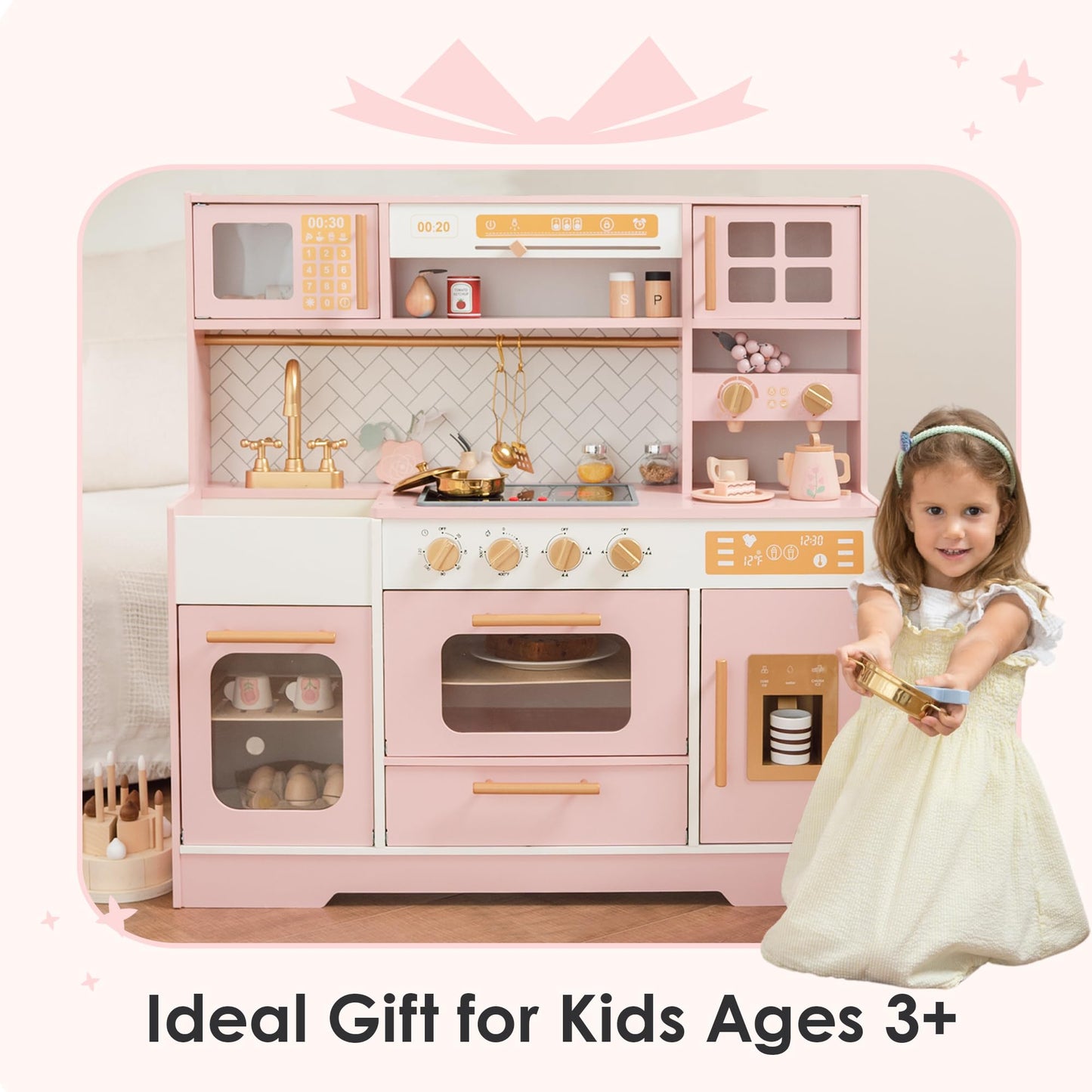 Pink Wooden Play Kitchen for Kids– Realistic Appliances, Storage & 15 Fun Accessories for Inspiring Pretend Play (Ages 3+)