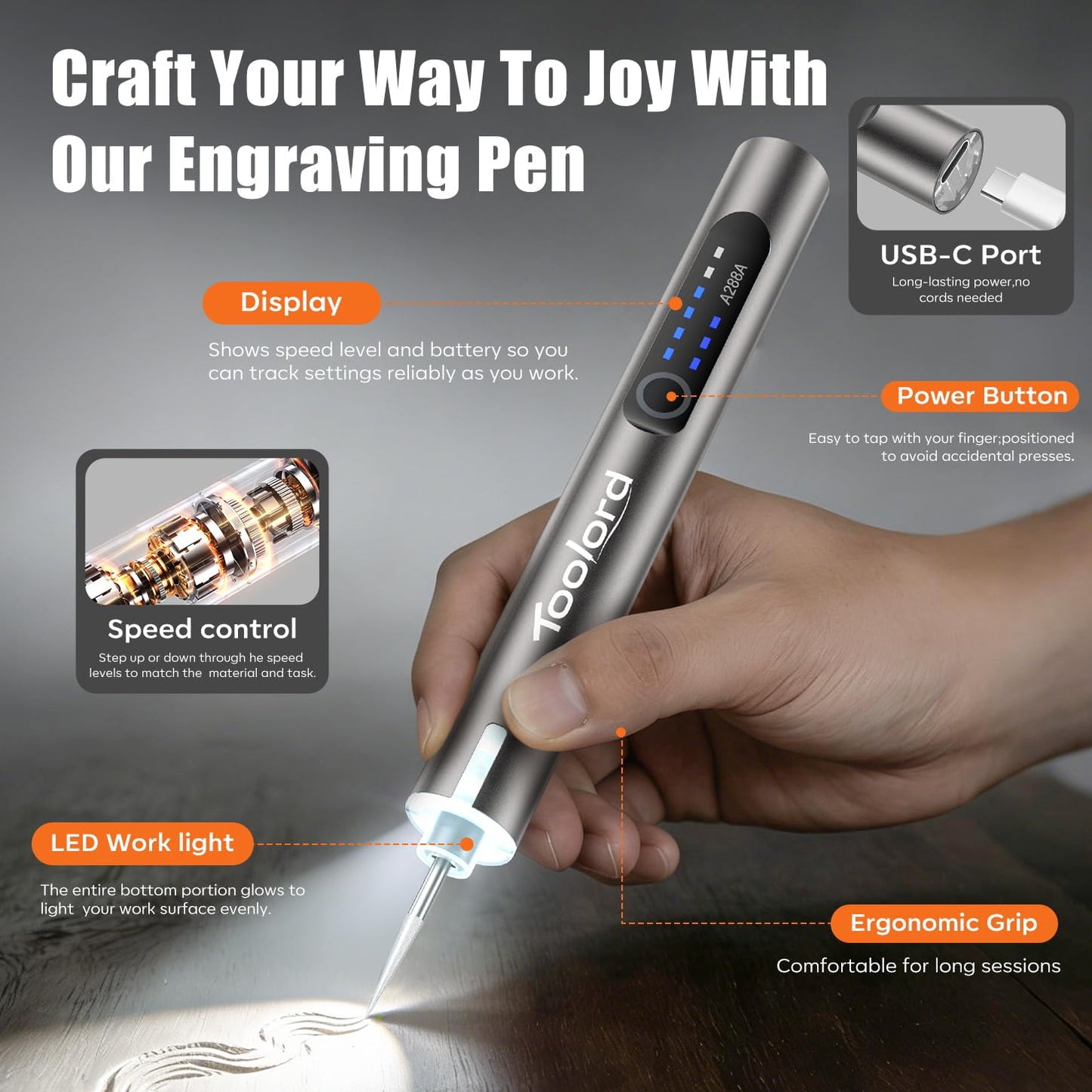 Engraving Pen with LED Light,HollowCup Motor,Cordless USB Rechargeable Rotary Tool for Metal,Wood,Glass and Plastic,DIY Engraving Kit with 30 Bits,Silver