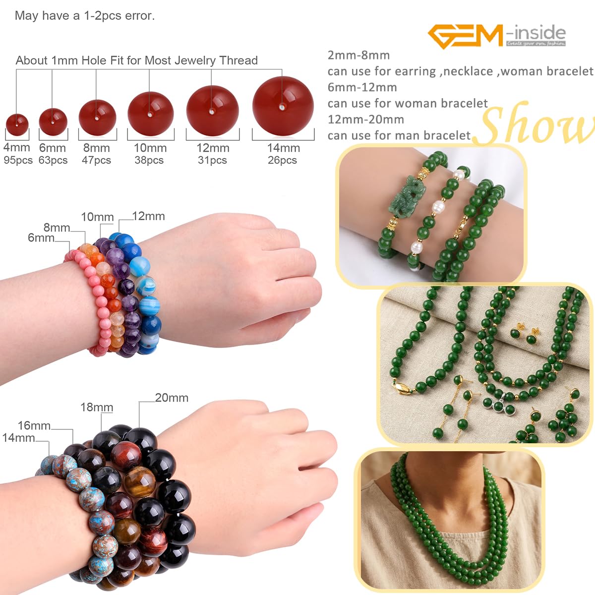GEM-Inside Natural 8mm Green Taiwan Jade Gemstone Loose Beads Round Crystal Energy Stone Power for Jewelry Making 15"