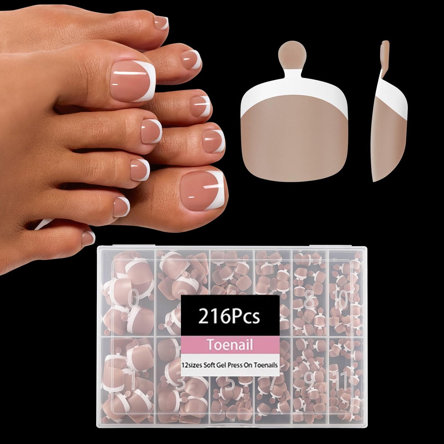 Brown Press on Nail for Women, OPkssnails 216pcs Summer French Tip Press on Toenails Short Square, Soft Gel Toe Nail Tips, Soak off Acrylic Fake Toe Nail Extensions 12 Sizes