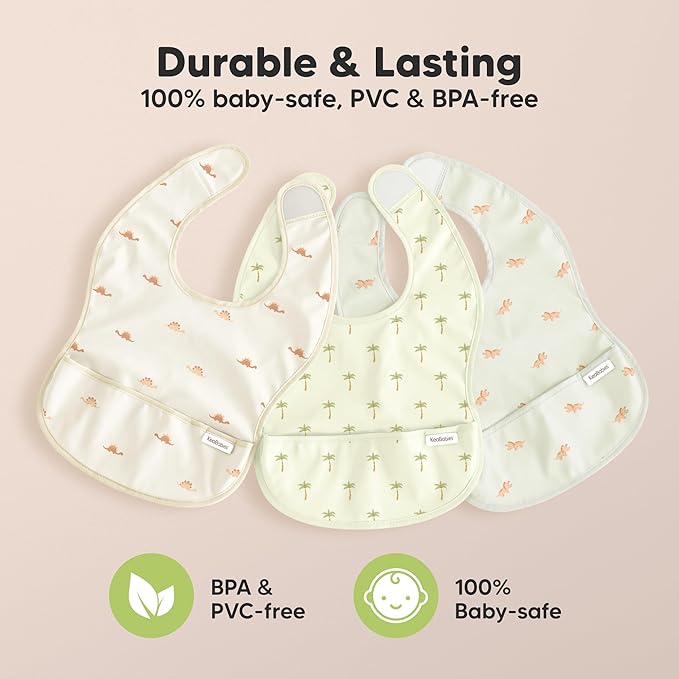 3-Pack Waterproof Baby Bibs for Eating - Lightweight Toddler Feeding Bibs with Large Food Catcher, Mess Proof, Food-Grade Baby Eating Essentials, Easy to Put On & Clean (Wilderness)