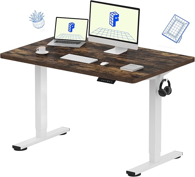 FLEXISPOT EN1 One Piece Standing Desk, 48" x 30" Electric Height Adjustable Sit Stand Desk for Home Office (White Frame + 48" Rustic Top, 2 Packages)