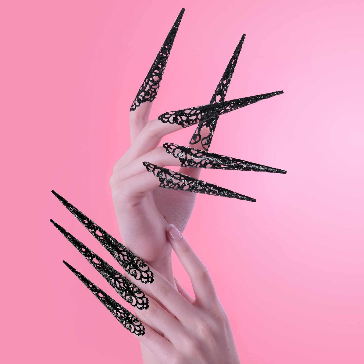 ANCIRS 20 Pack Finger Nail Tip Claw Rings, Ancient Queen Costume Fingertip Claw Nail Rings Decoration Accessory, Finger Knuckle Protectors for Halloween Cosplay Drama Dance Show- Black