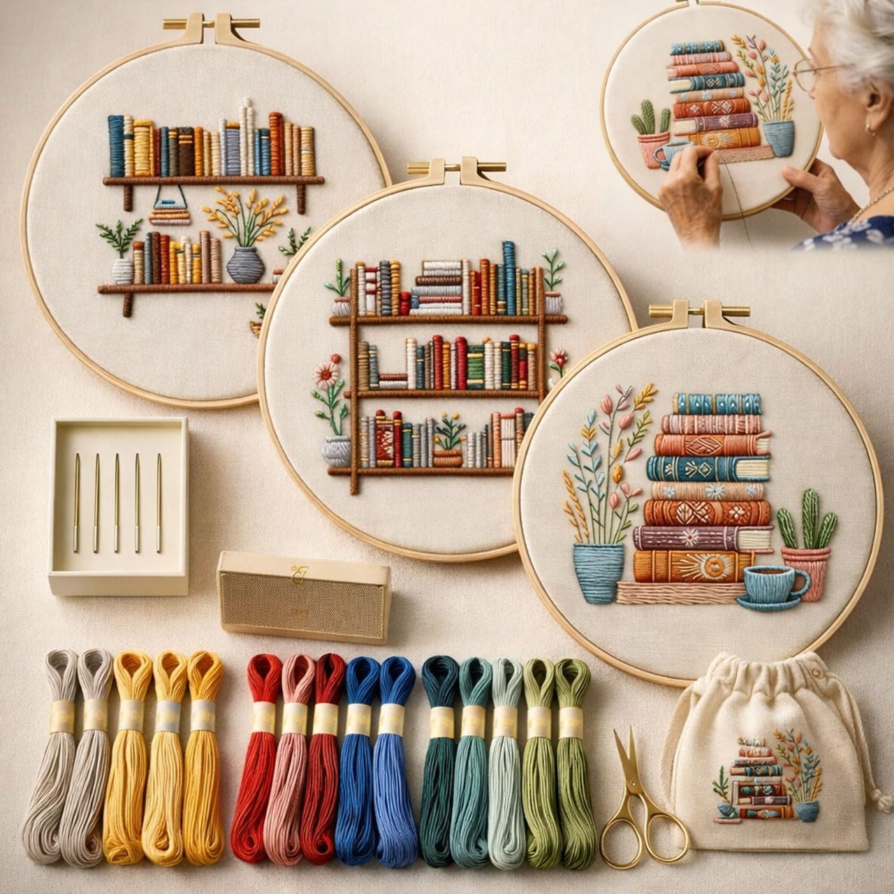 BLMRME 3 Pack Embroidery Kit for Beginners, Stamped Floral & Book Pattern Embroidery Kit, DIY Needlepoint Starter Kit with Instructions, Complete Set for Adults, Home Office Decor