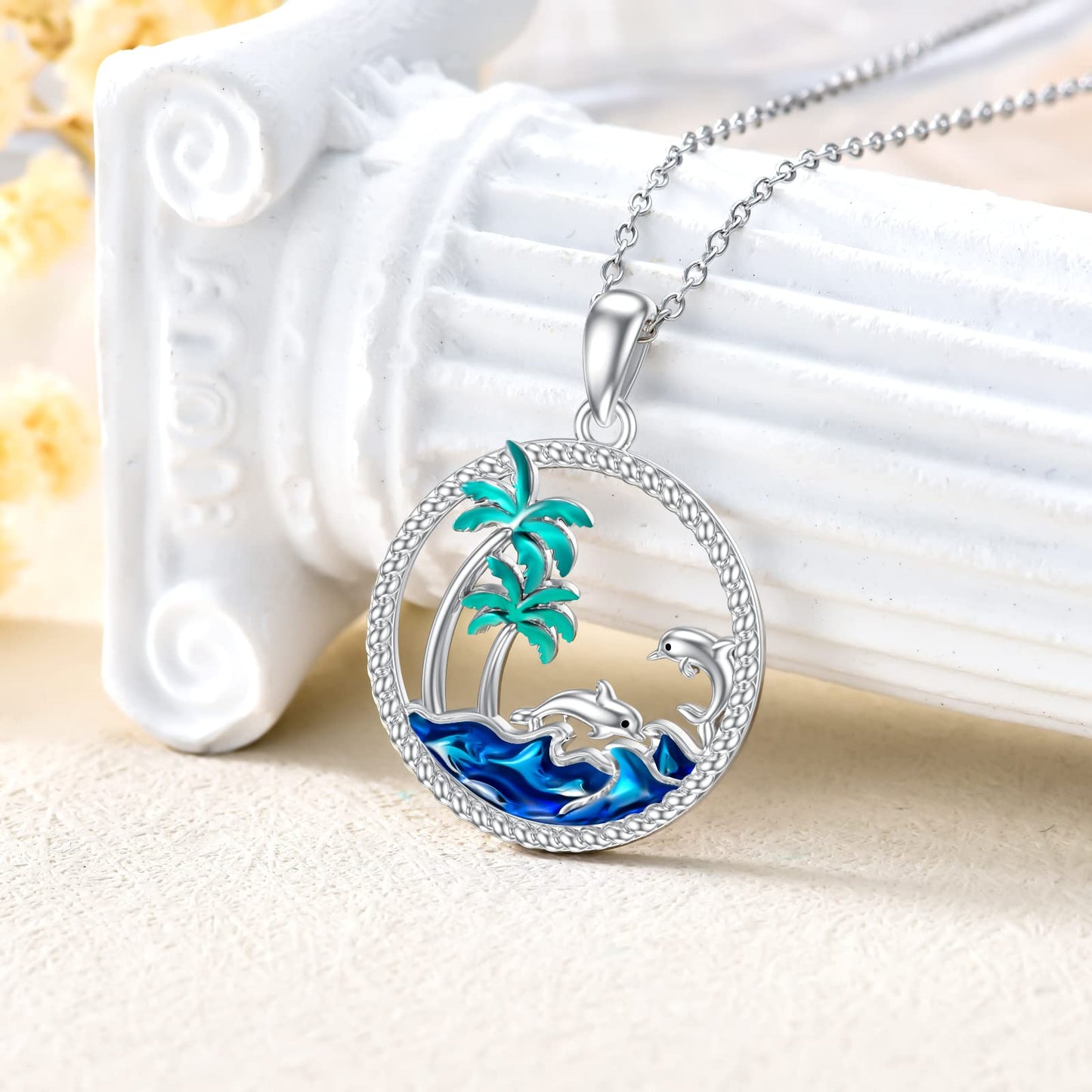 PROESS Dolphin Necklace Sterling Silver Palm Tree Pendant Necklace Ocean Wave Jewelry Gift For Women