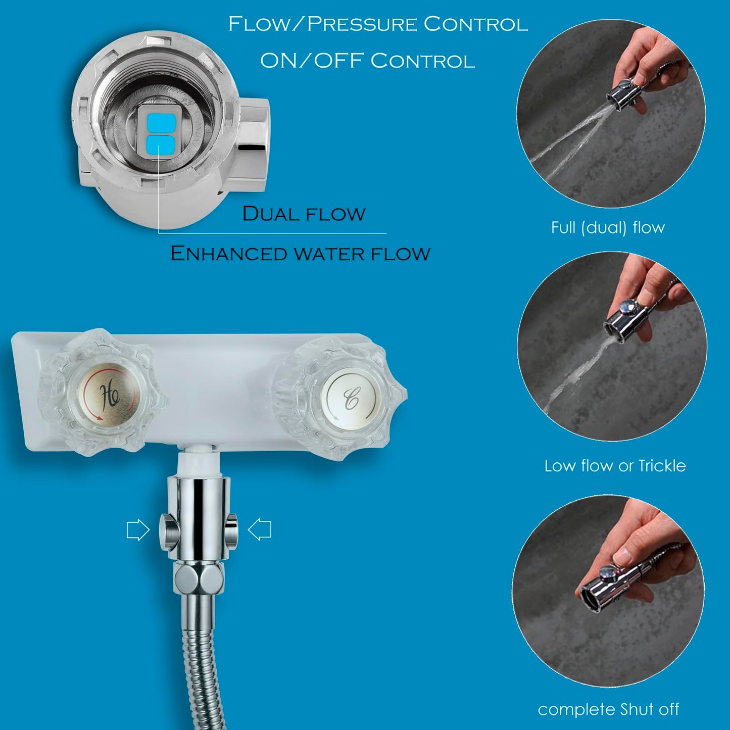 Shower Head Water Shut Off Valve - Pair Pack - Large Button - Water Flow regulator for Shower Hose or Bidet Sprayer - Bathroom & Kitchen water valve (Polished Chrome)