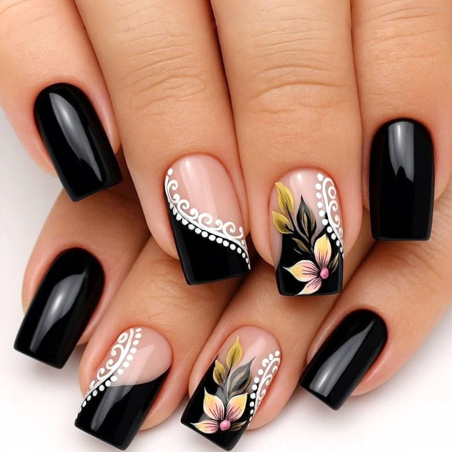 Medium Press on Nails Square Fake Nails with Yellow Flower White Lines Dot Designs Glossy Nails Press ons Black Full Cover Glue on Nails Cute Acrylic Nails Artificial Stick on Nails for Women 24Pcs