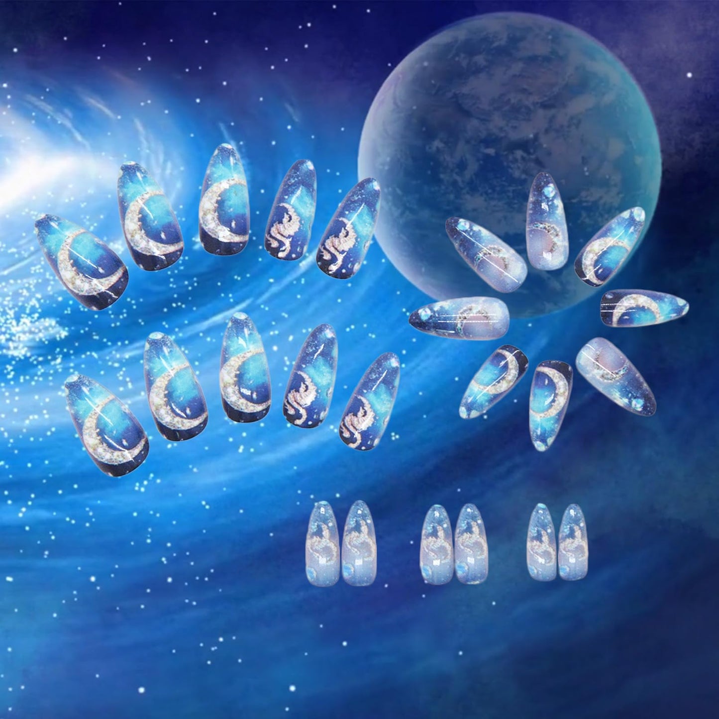24Pcs Moon Press ons Fingernails Starry Sky Gel Glue on Acrylic Fake Nails Milky Way Press on Nails Glossy Blue Gradient Medium Almond False Nail Sea Horse Stick on Nail for Holiday Manicure Art