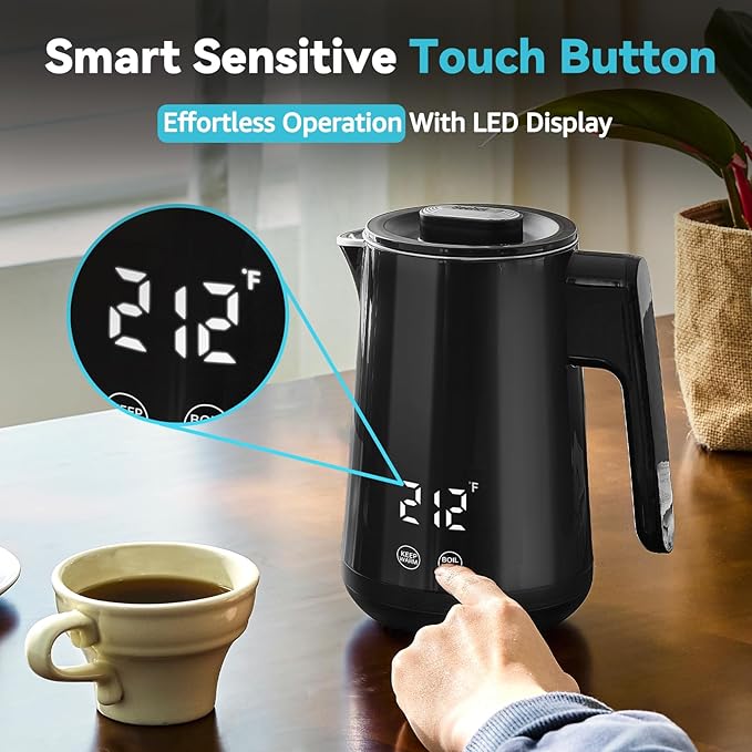Seehot® 850ml Small Electric Kettle Temperature Control,800W Double Wall Electric Tea Kettle of 304 Stainless Steel,5 Temp Presets,Hot Water Kettle Electric,Auto Shut Off for Tea and Coffee-Black