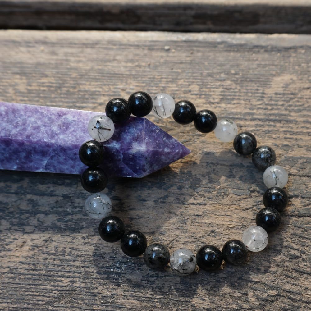 TaHLga 10MM Black Rutilated Quartz Bracelet | Natural Rutilated Quartz Gemstones | Bring Luck Wealth Courage | Protection from Evil | Gift