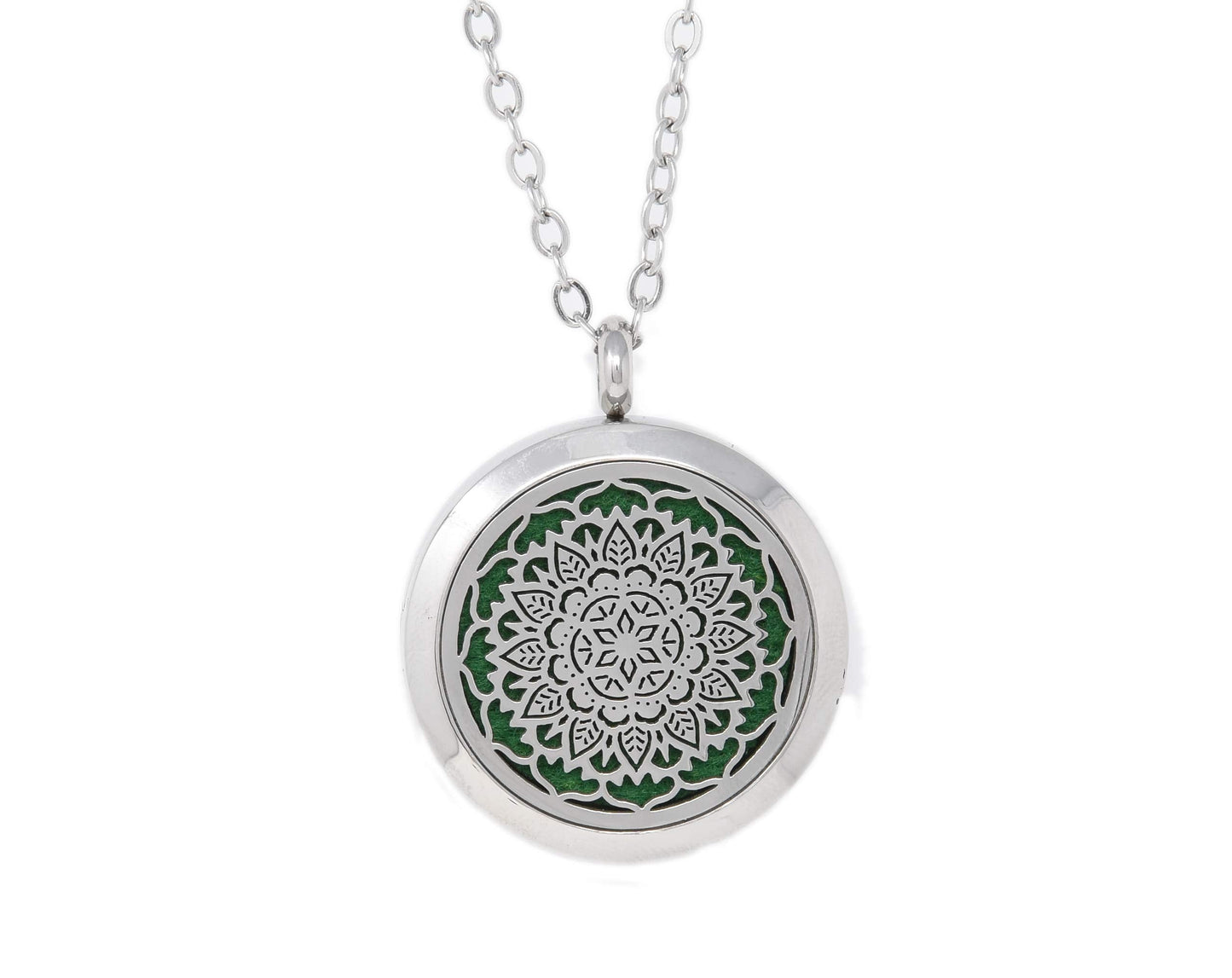 Aromatherapy Essential Oil Diffuser Stainless Steel 30 MM Silver Magnetic Locket Pendant 2 Sizes Chain Necklace, Refill Pads & Diffuser Bracelet in a Velvet Bag (flower3)