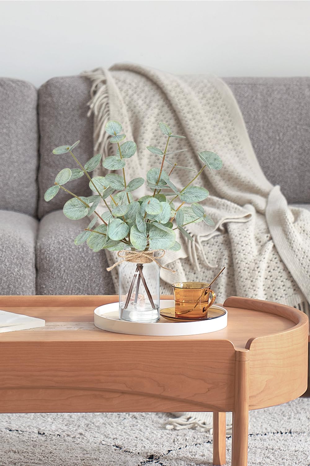 Piklado Fake Eucalyptus Stems in Vase with Faux Water,Artificial Plants Eucalyptus Leaves for Shelf Desk Bathroom Farmhouse Room Coffee Table Faux Greenery Plants Decorations (Green)