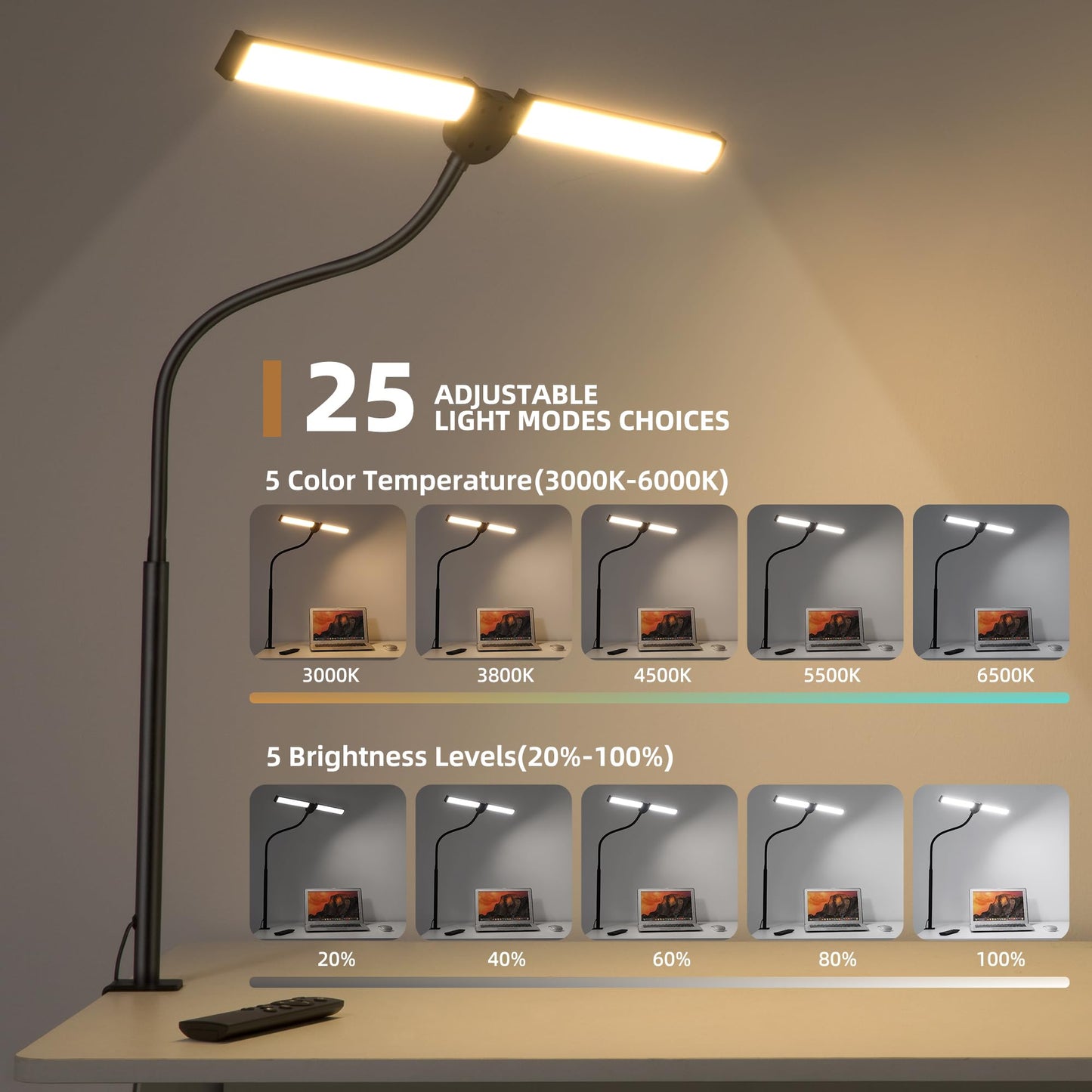Motumen Led Desk Lamp for Home Office, Eye-Care Architect Light with Clamp, Smart Double Head Computer Monitor Table Clip Lamp, Adjustable Flexible Goose-Neck, 25 Lighting Models, Task Lamp, Black